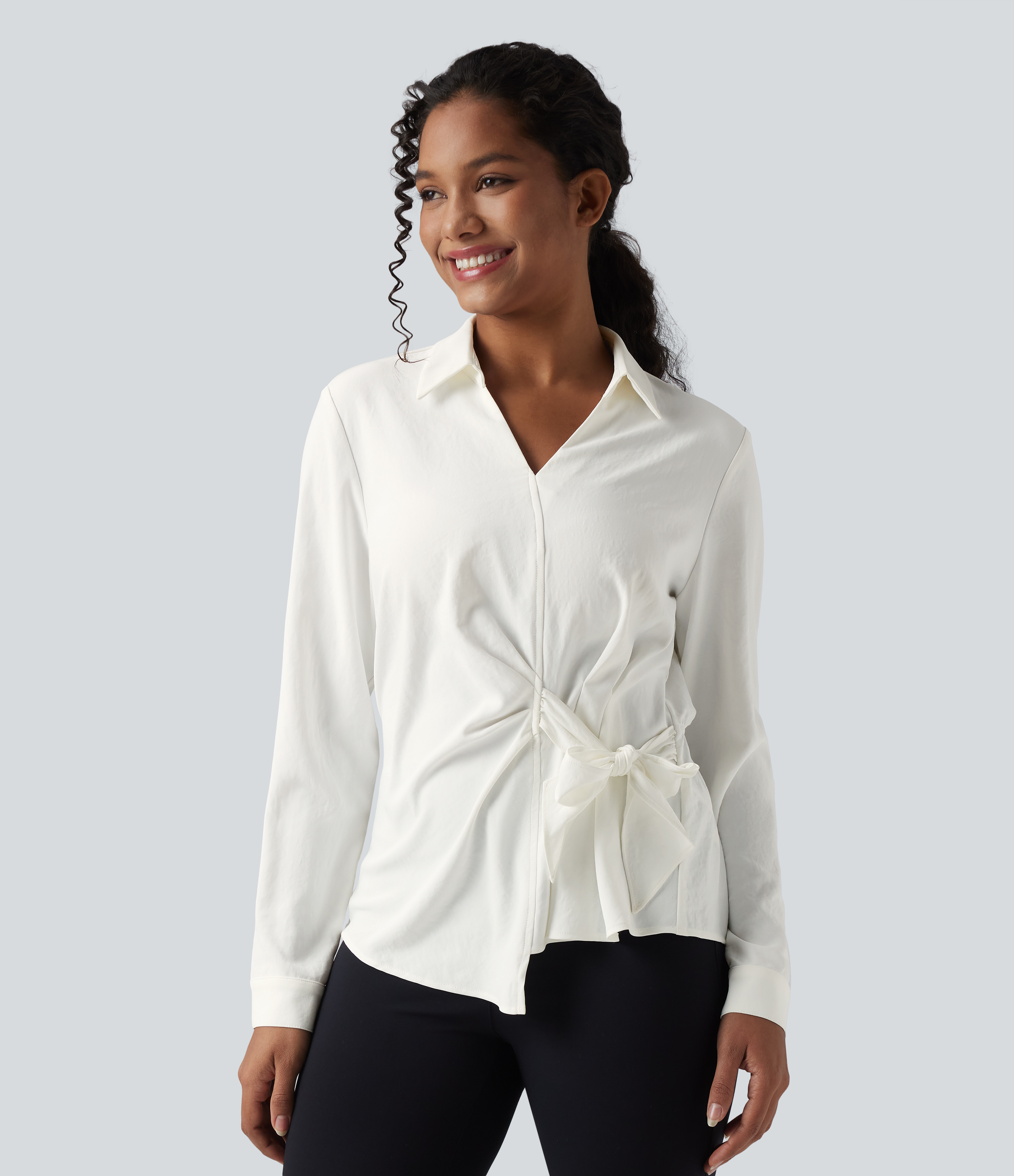 Women's Collar Long Sleeve Tie Asymmetrical Hem Work Blouse - Halara