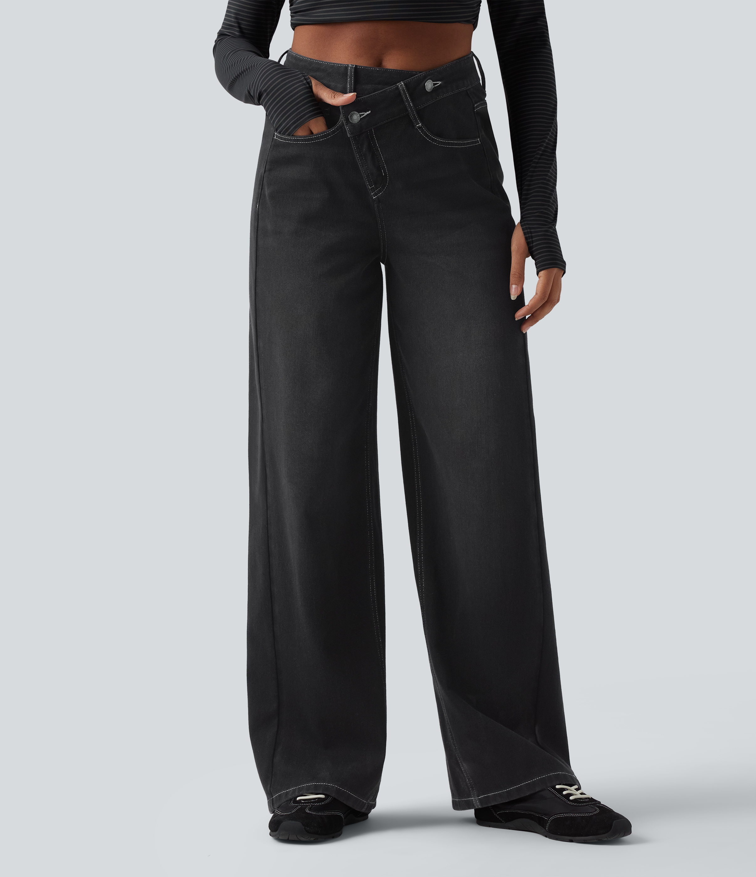 Jean ample asymétrique taille haute délavé Halara Flex™ avec poches