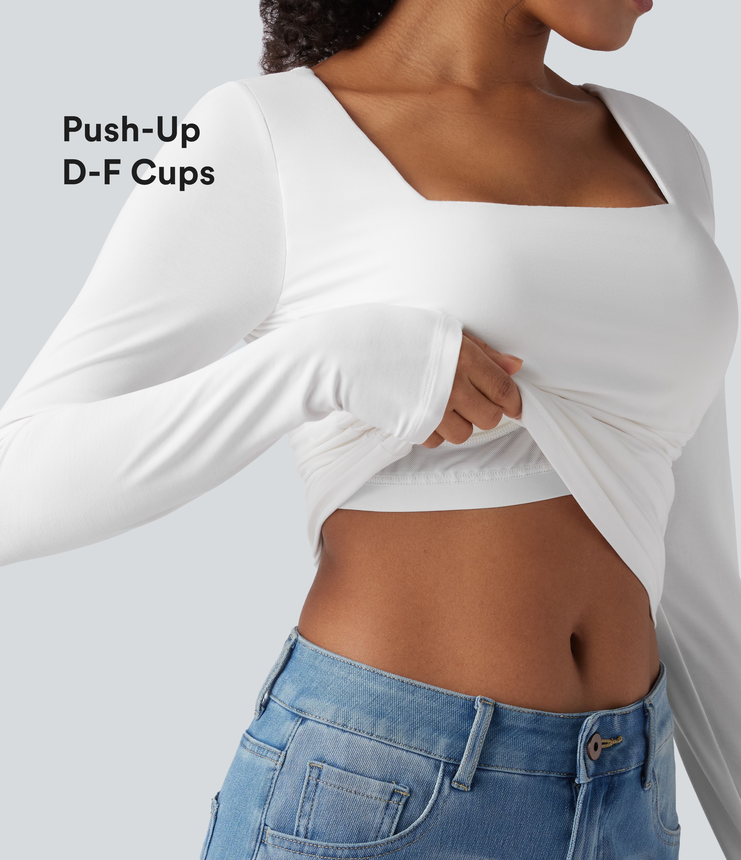 Square Neck Push-Up 2-in-1 Long Sleeve Ruched Casual T-Shirt E-G Cups