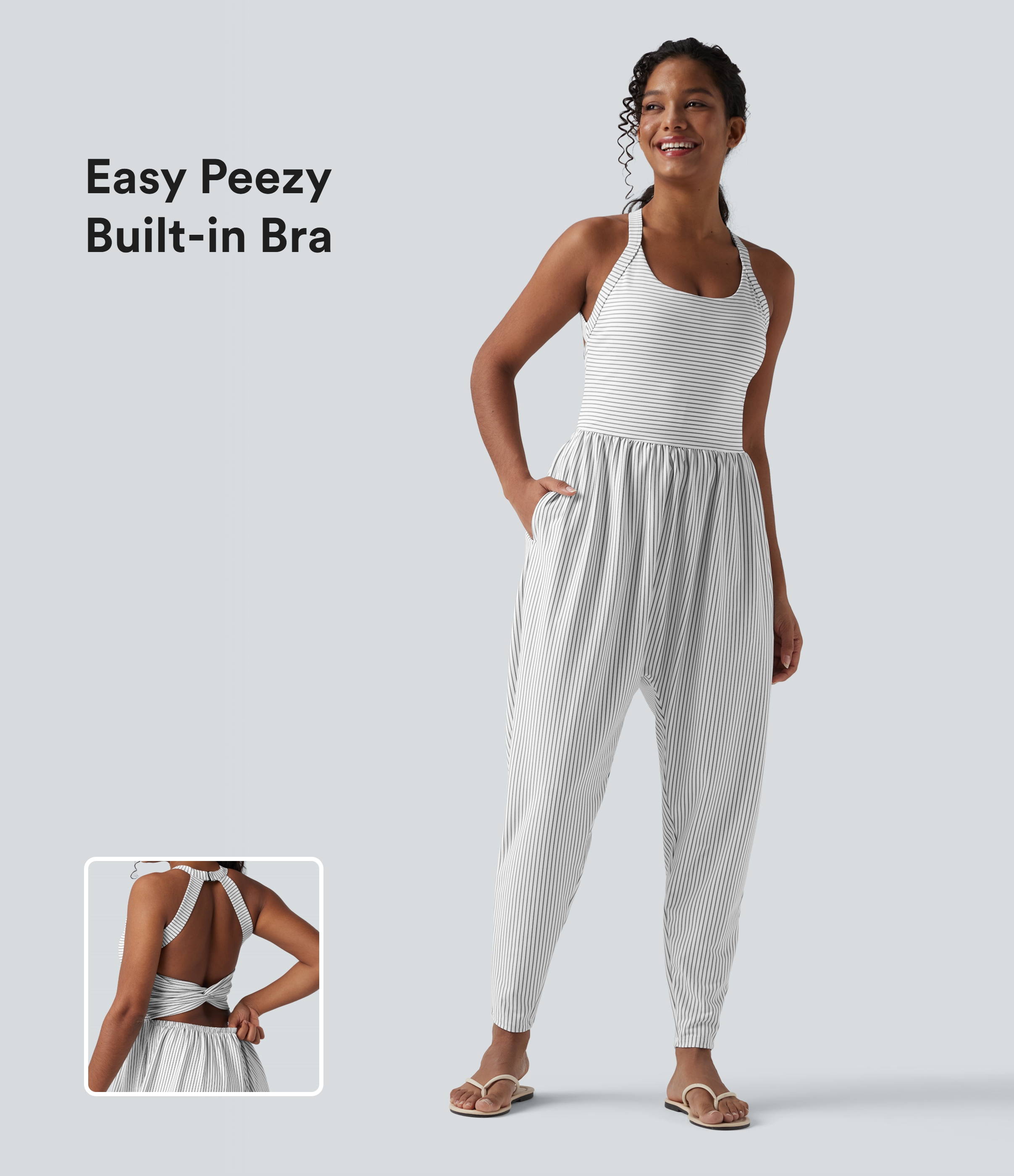 Twisted Backless Built-in Bra Stripes Casual Harem Jumpsuit with Pockets-Easy Peezy Edition