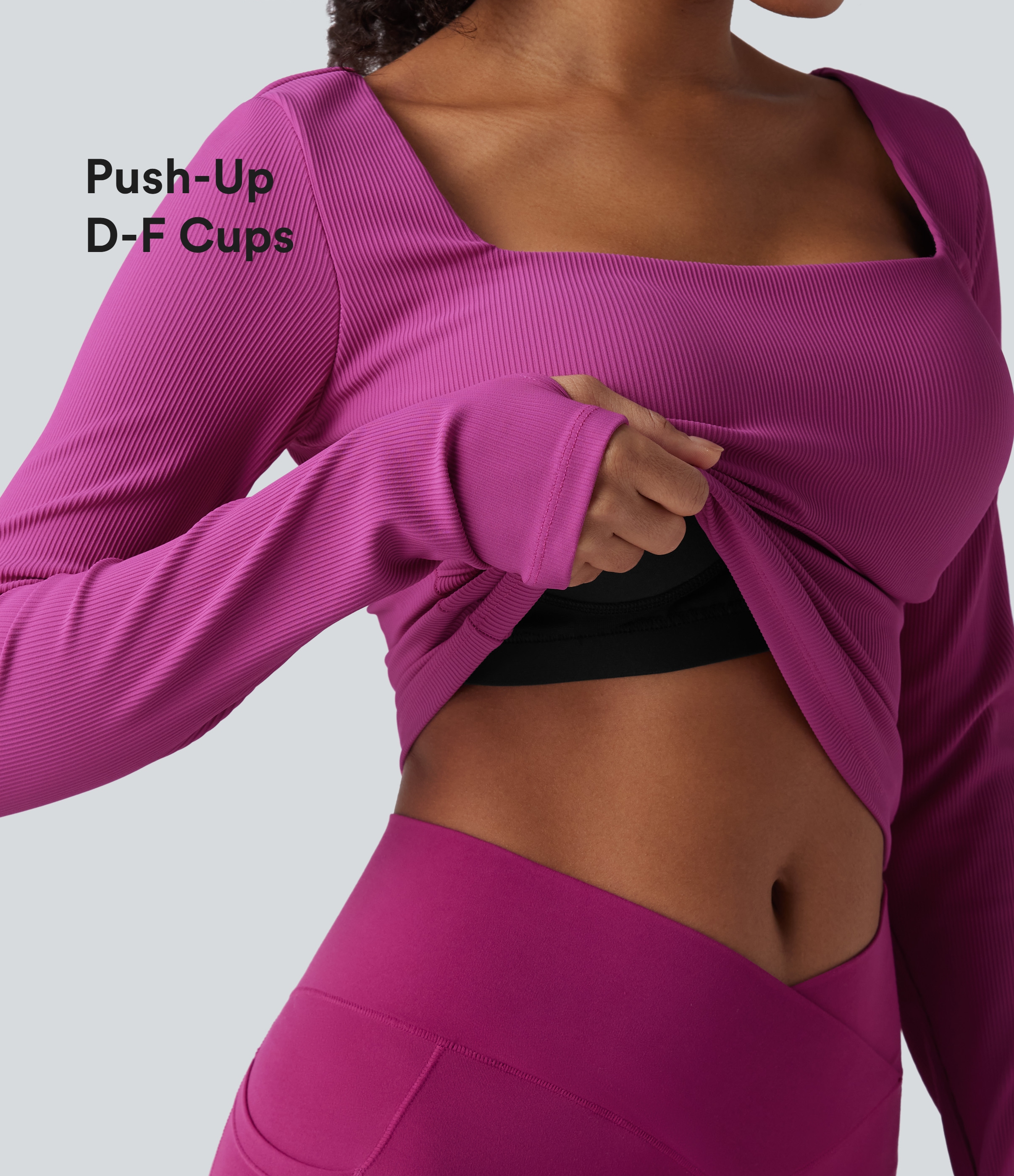 Ribbed Square Neck Push-Up Long Sleeve Thumb Hole Yoga Sports Top E-G Cups