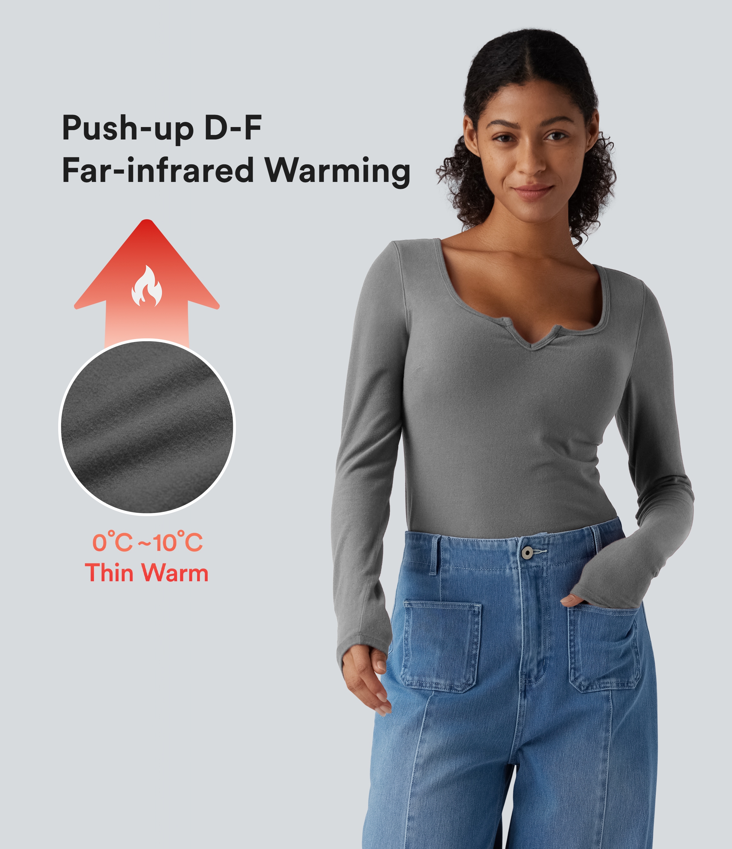 Halara HeatCore Push-Up Notched Long Sleeve Casual Warming T-Shirt E-G Cups