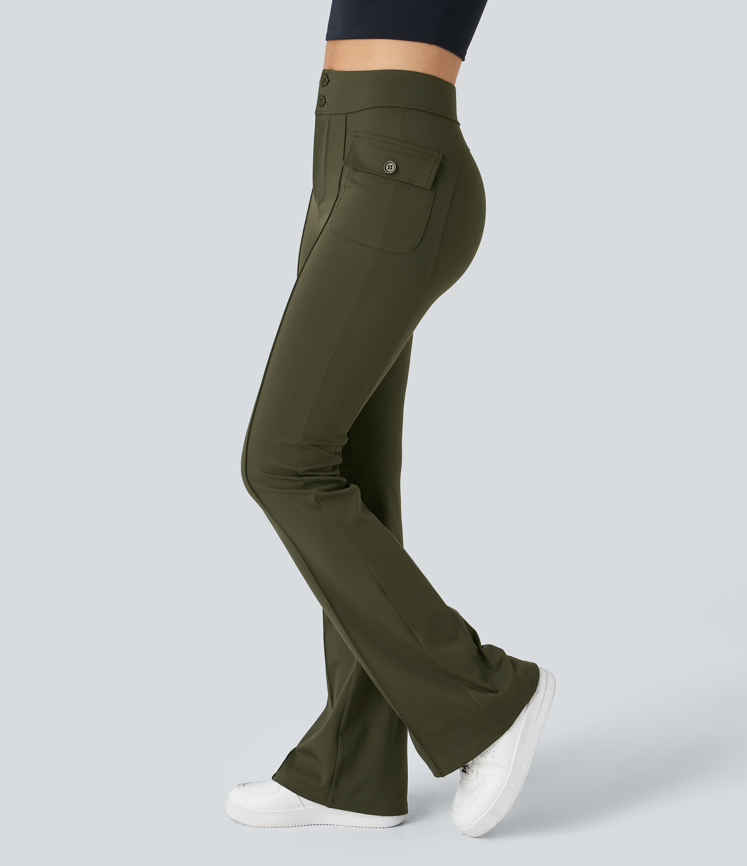 High-waisted, buttoned, side flap pockets, flared casual cargo pants