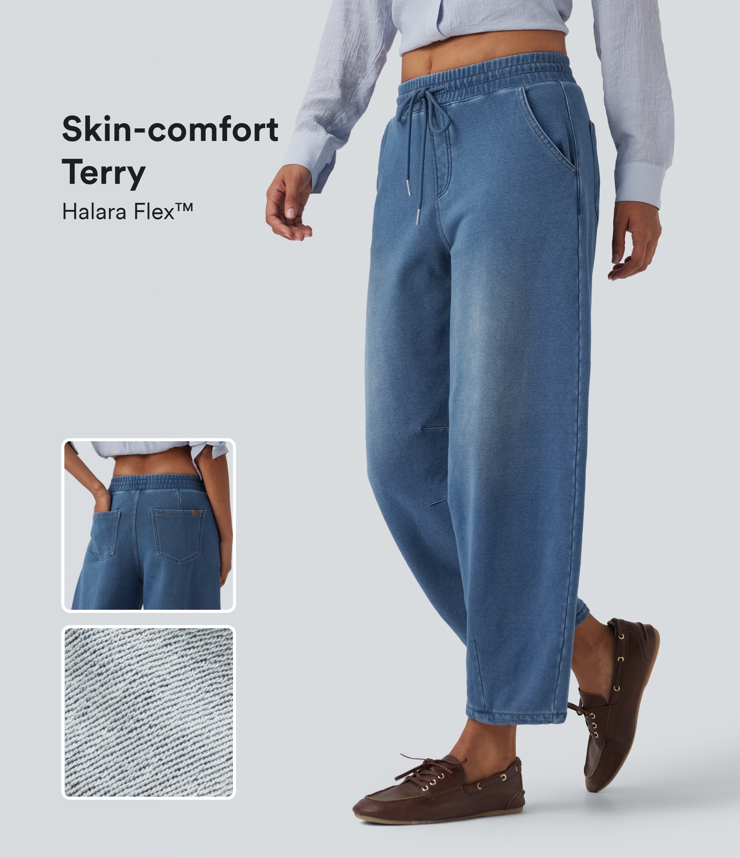 Tide Blue Denim Halara Flex™ - Lässige Denimjoggers mit mittelhohem Bund, Seitentaschen, Kordelzug und Barrel-Leg / 1