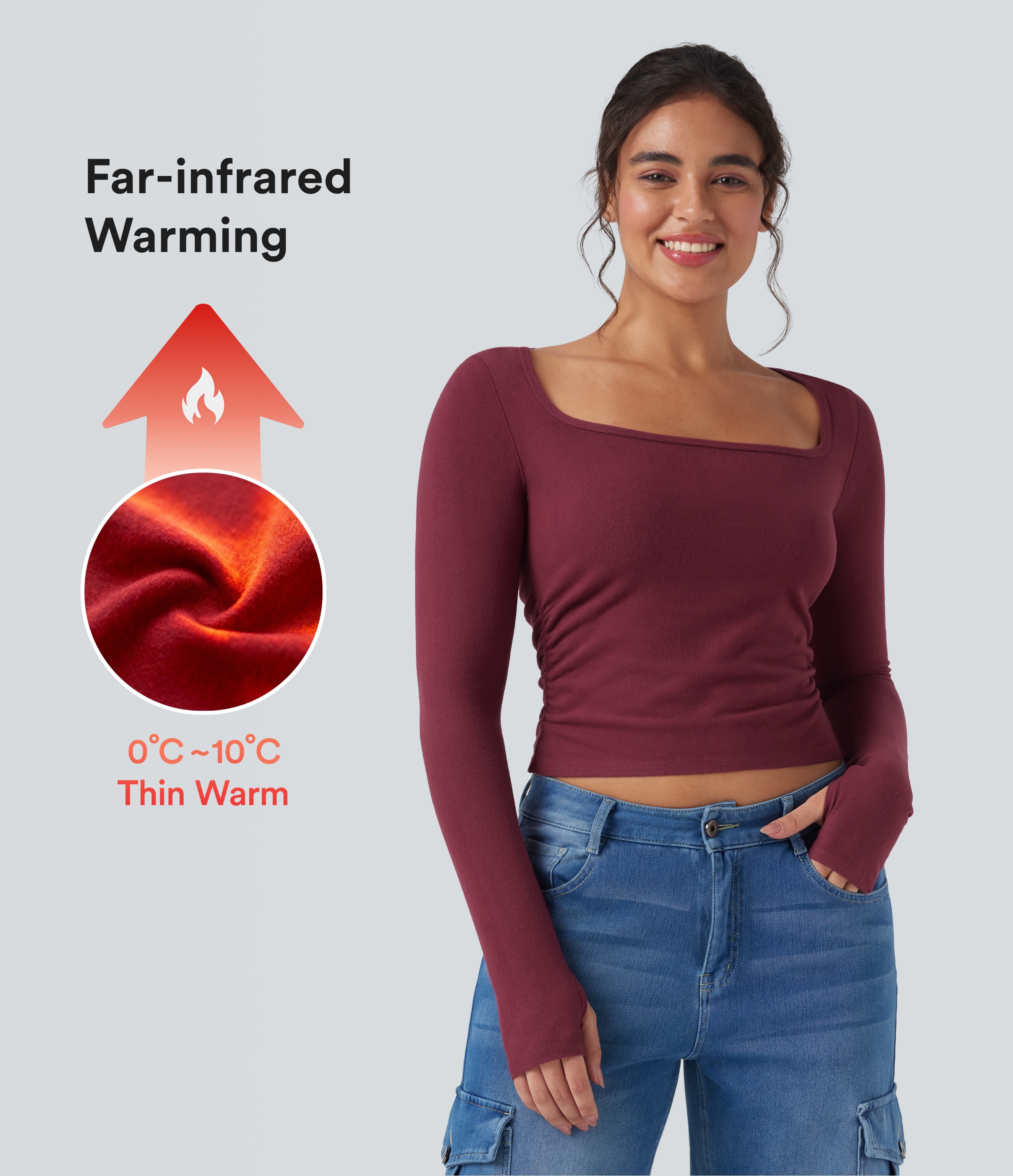 Halara HeatCore U-Neck Long Sleeve Thumb Holes Ruched Slim Casual Warming Top