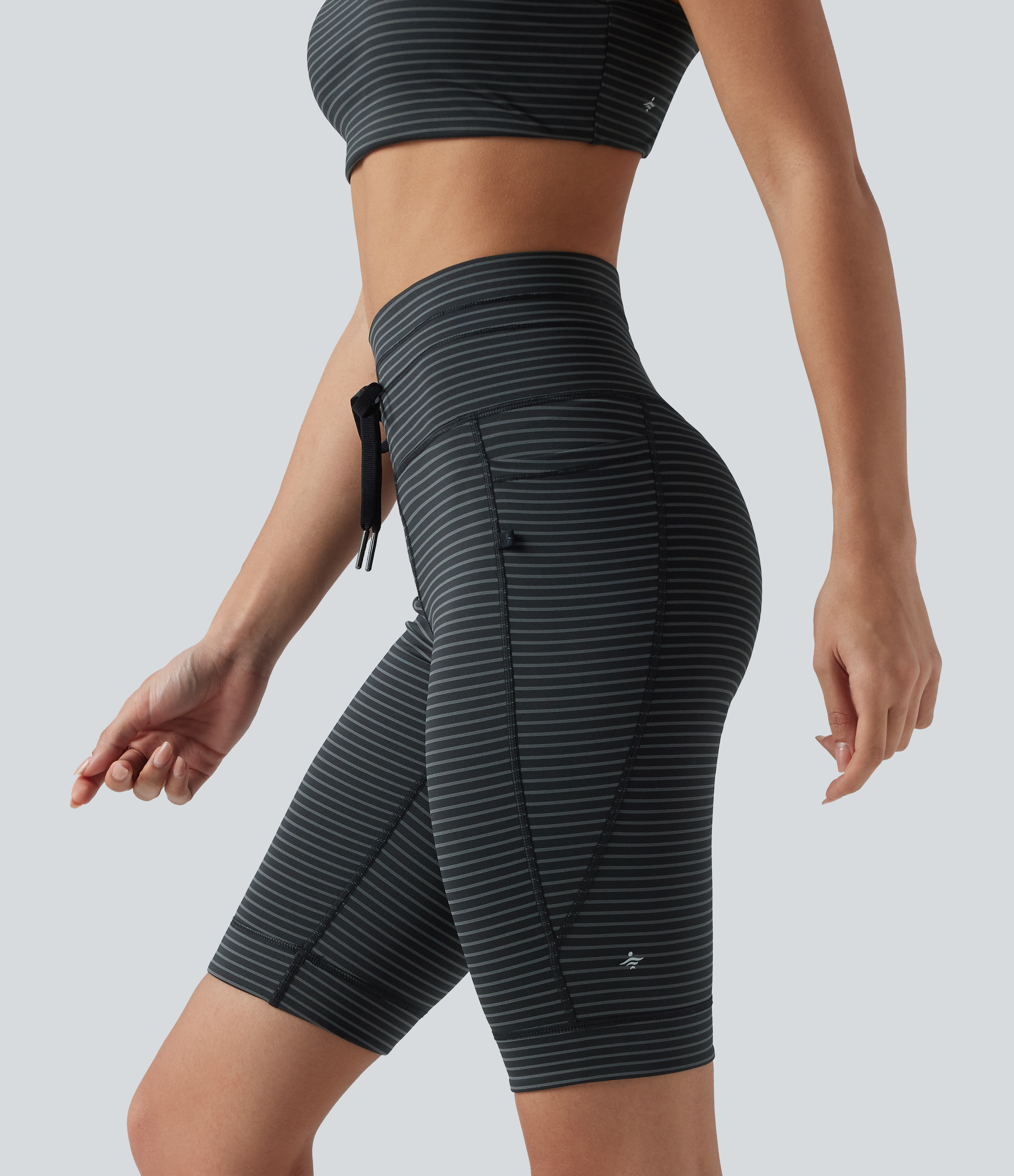 High Waisted Drawstring Striped Yoga Bike Running Shorts 9'' with Pockets