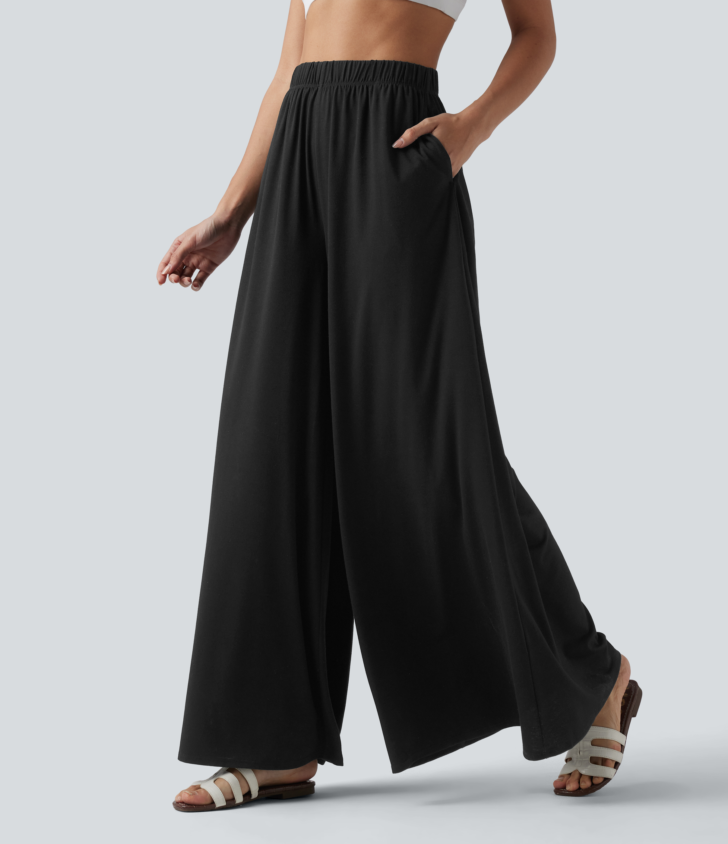 High Waisted Resort Flowy Baggy Trousers with Pockets
