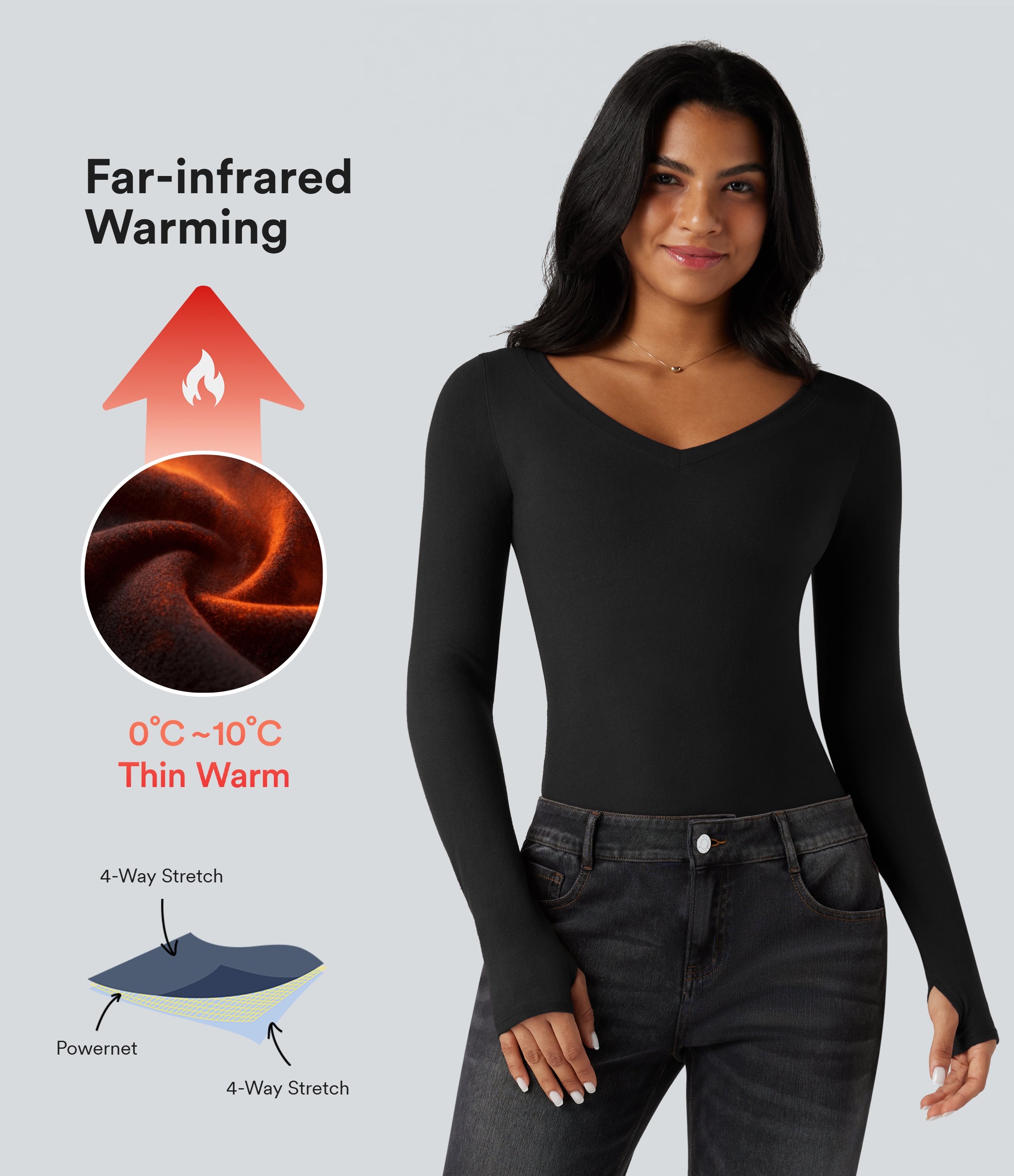 Halara HeatCore V Neck Long Sleeve Thumb Hole Casual Warming Top