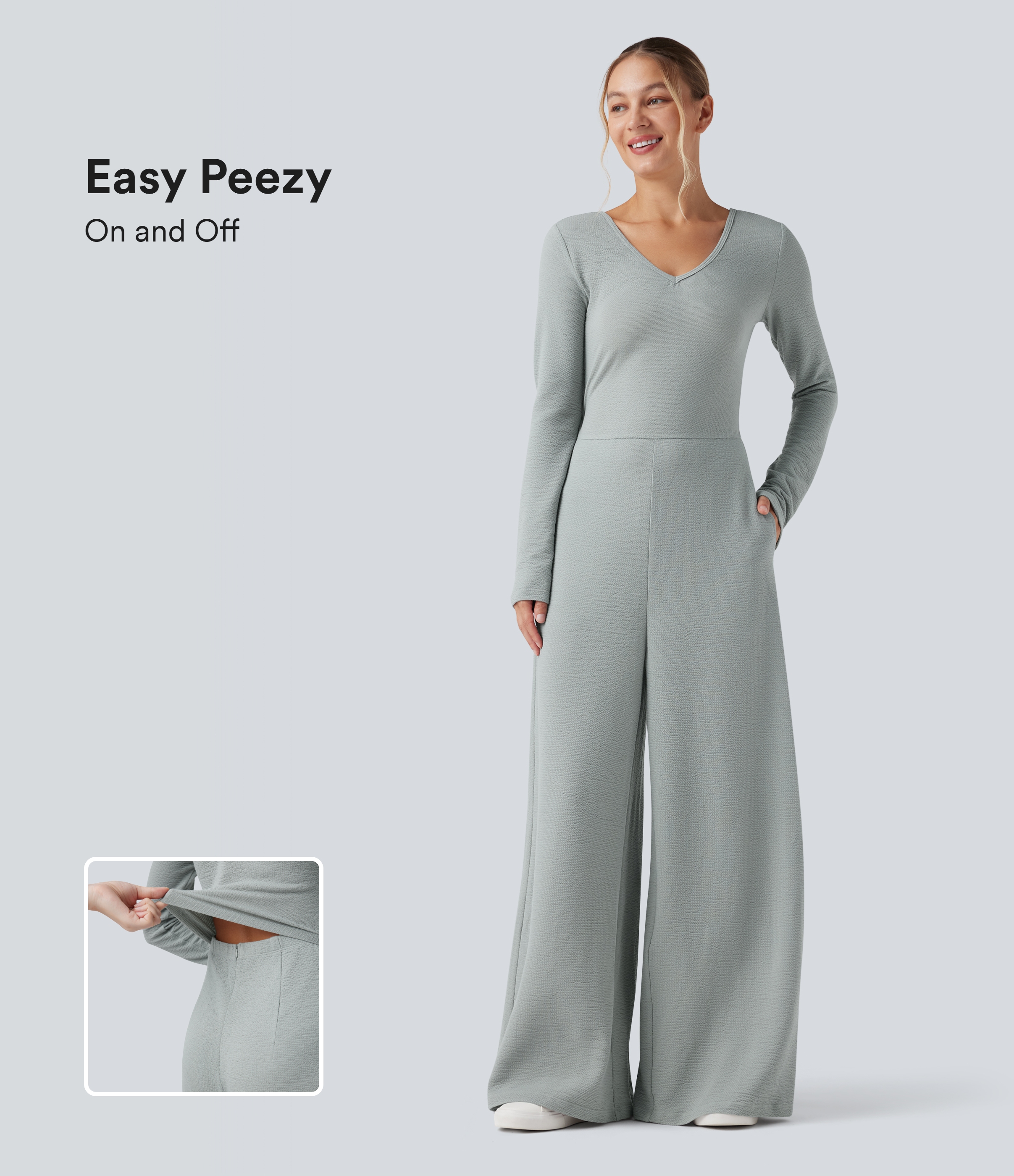 V Neck Long Sleeve Casual Jumpsuit with Pockets-Easy Peezy Edition
