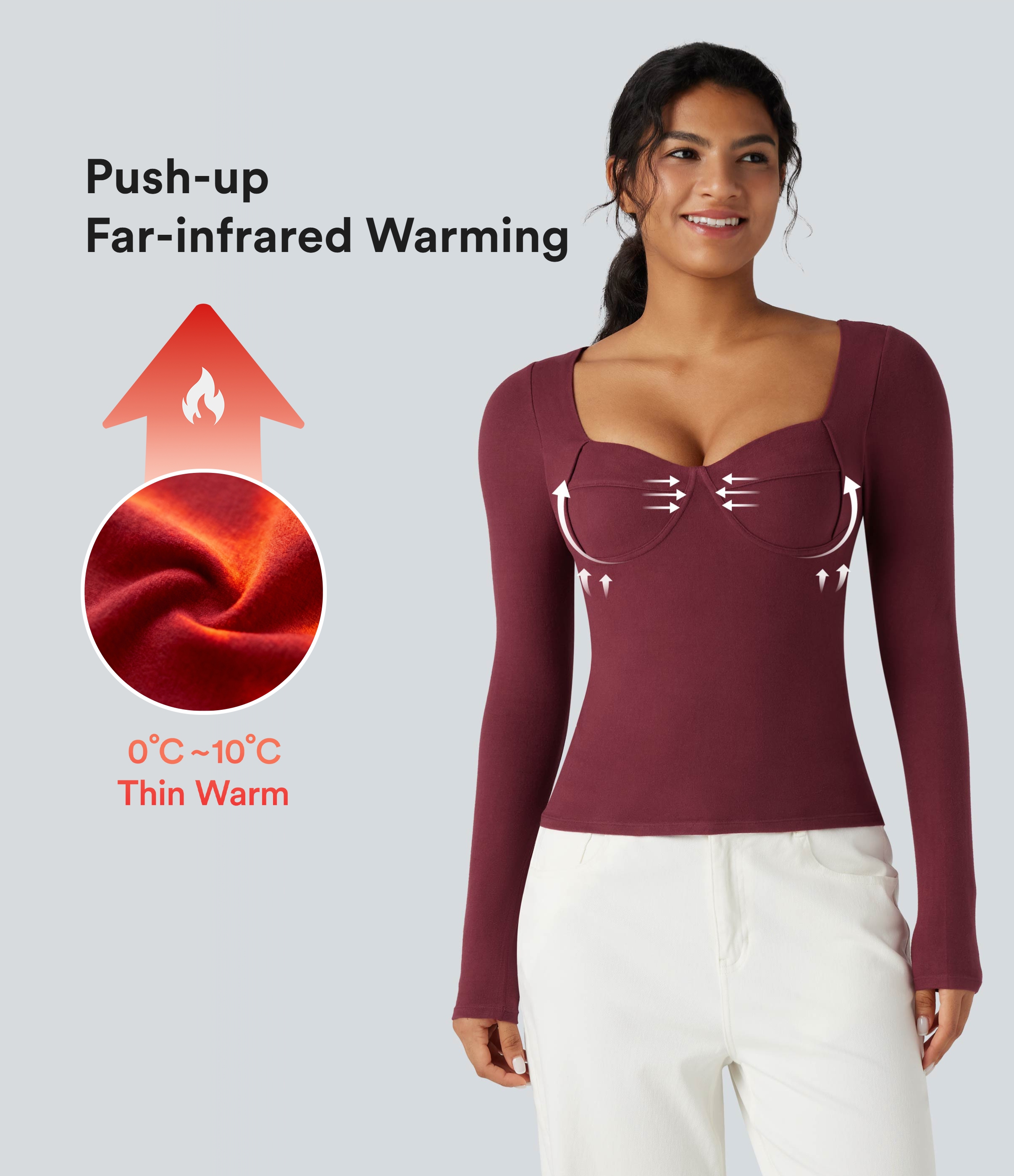 Halara HeatCore Sweetheart Neck Push-Up Long Sleeve Casual Warming Top A/B Cup