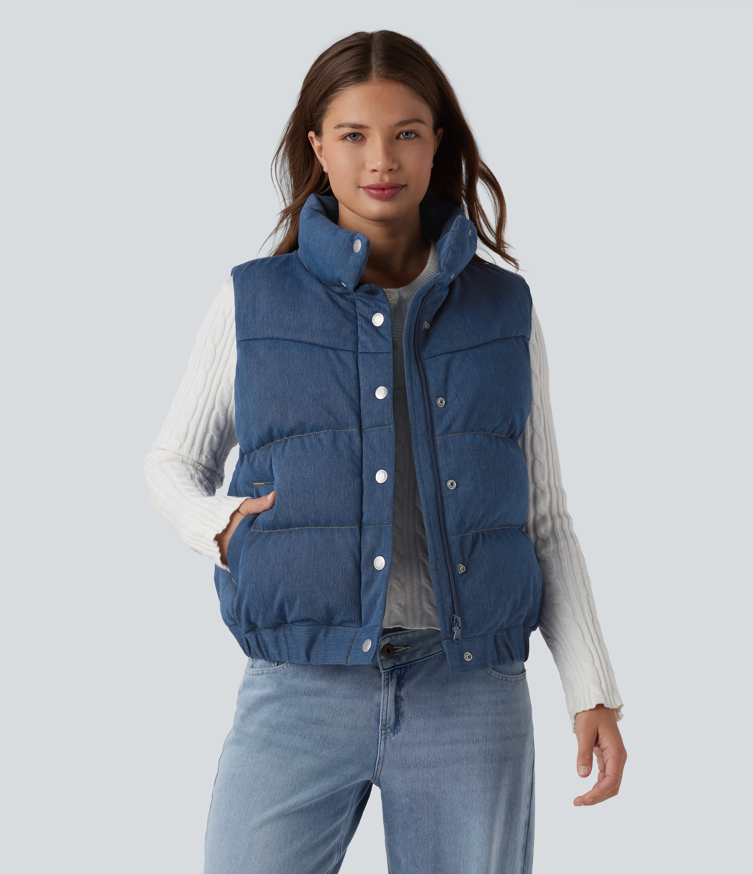 Halara Flex™ Sleeveless Denim Puffer Vest with Stand Collar and Pockets