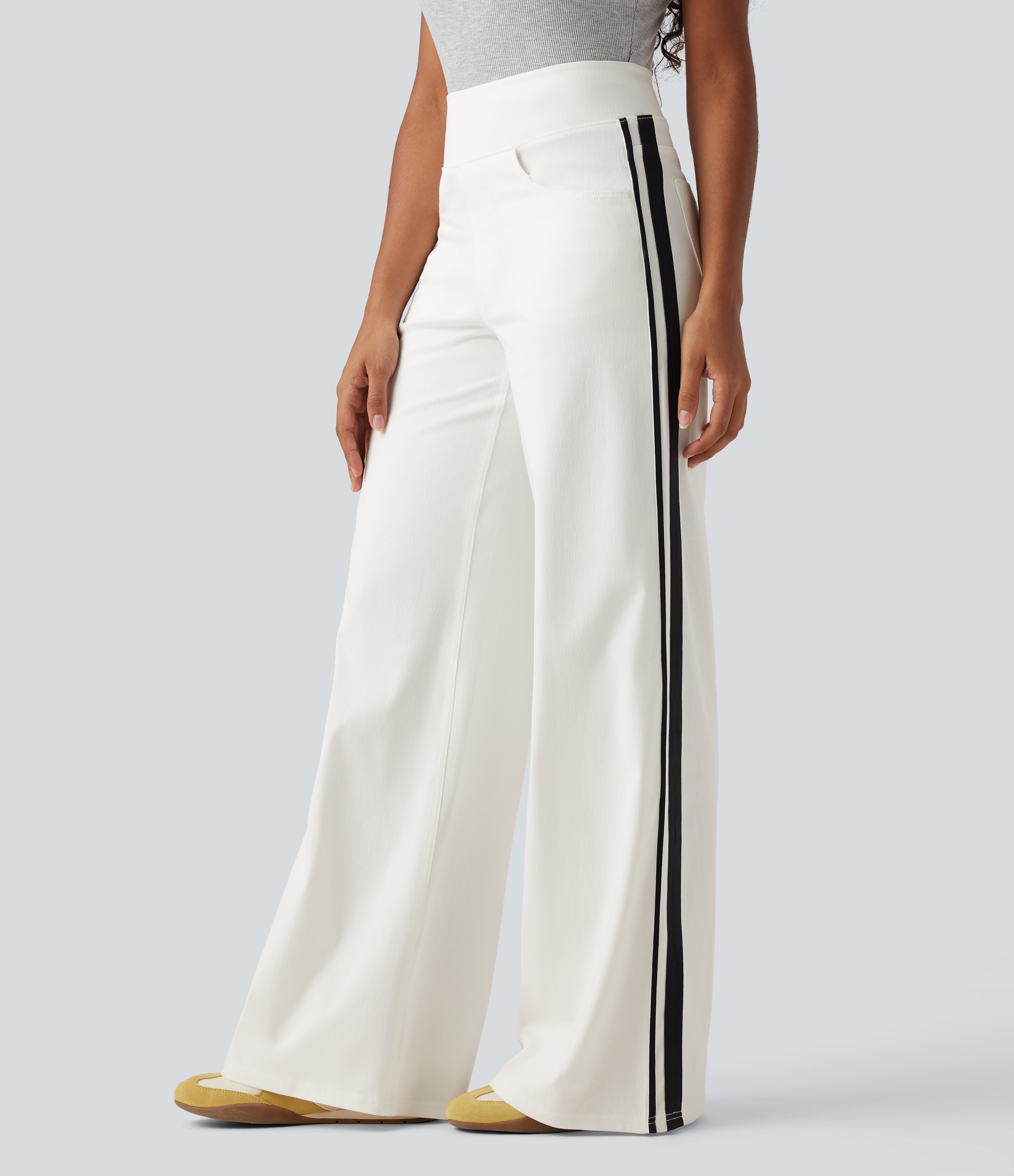 Halara Flex™ High Waisted Stripe Wide Leg Flowy Washed Casual Jeans with Pockets