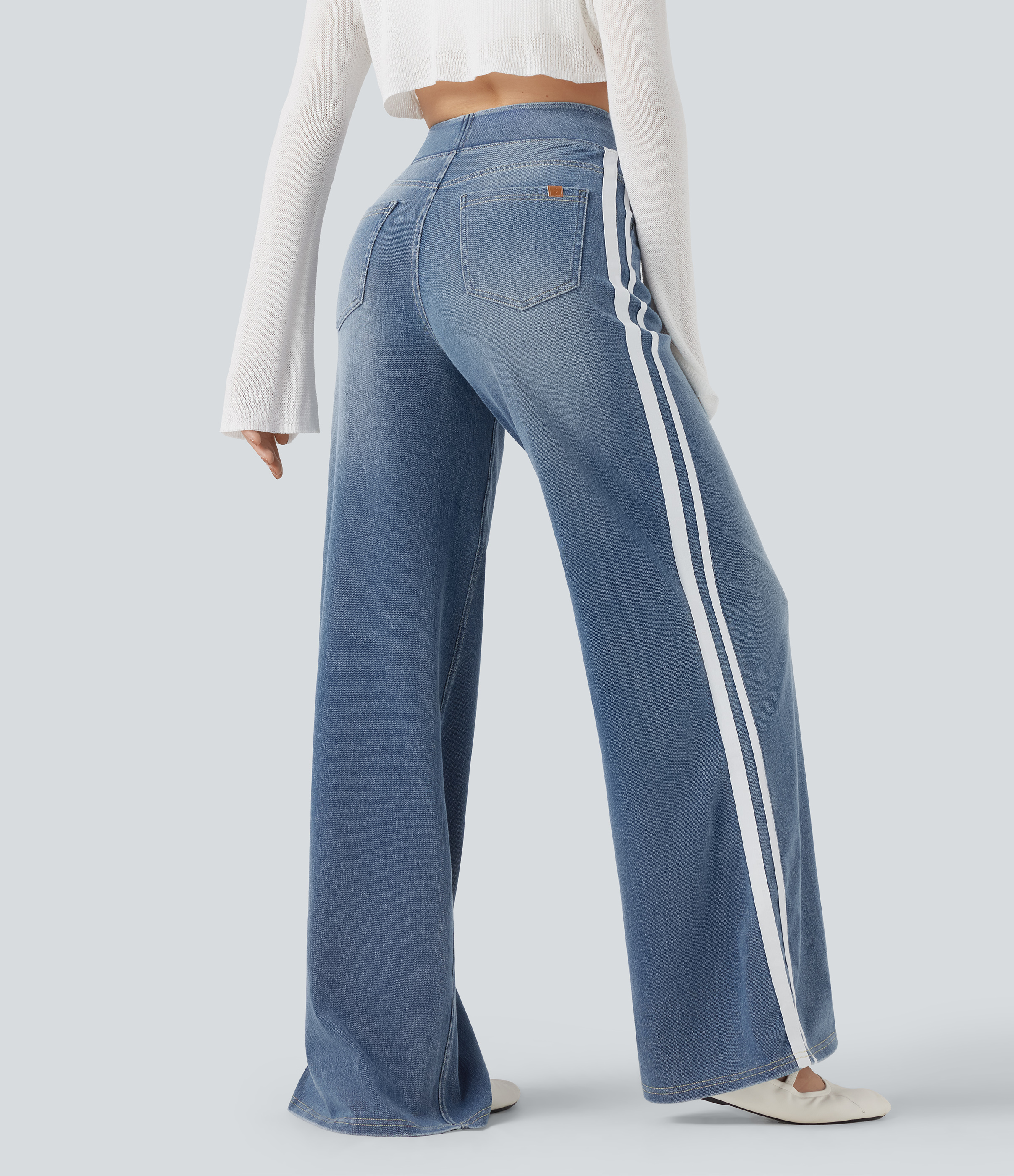  Blue Jasper Denim Halara Flex™ High Waisted Stripe Wide Leg Flowy Washed Denim Women Wide Leg Baggy Casual Jeans / 2