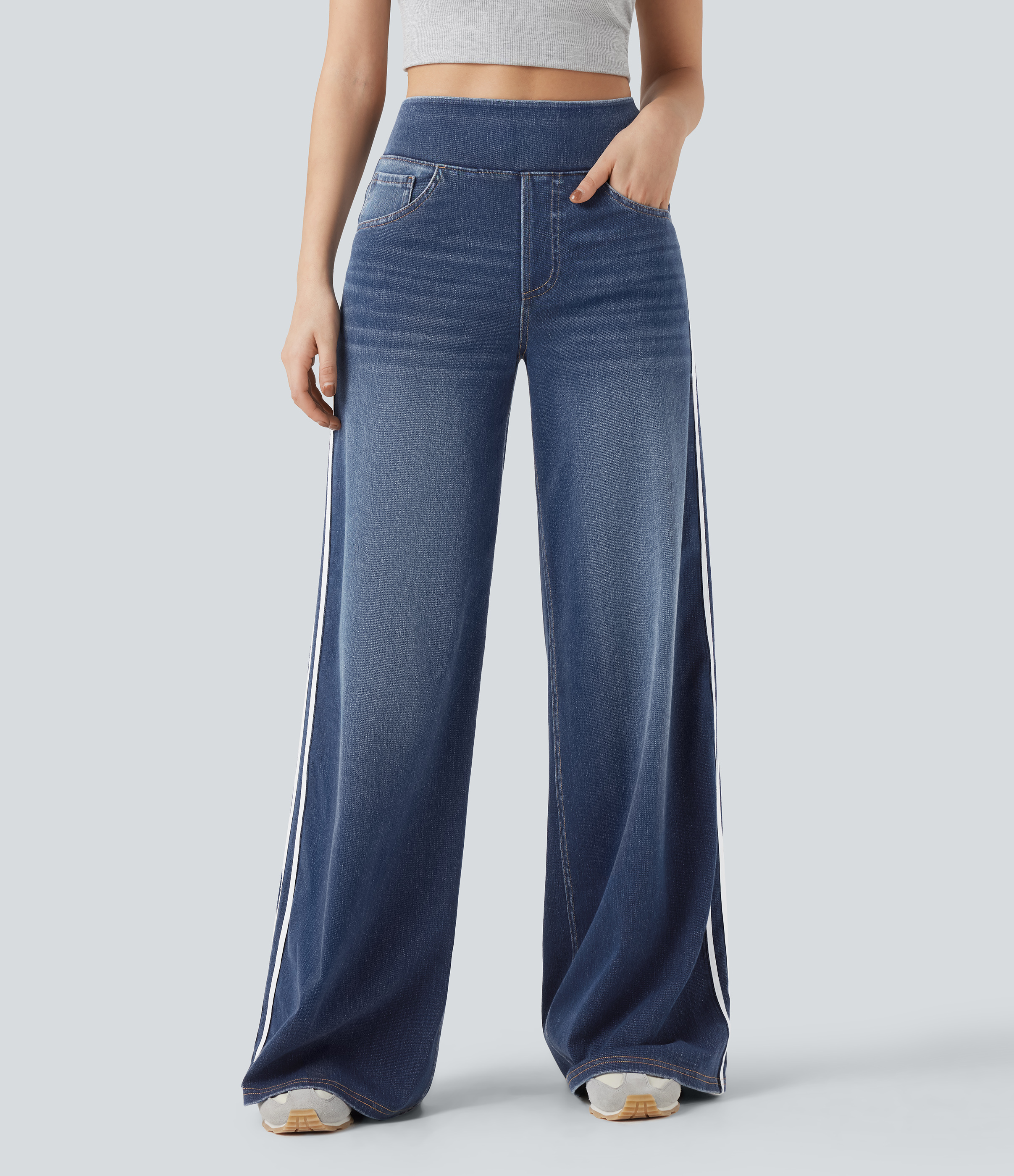 Pageant Blue Denim Halara Flex™ High Waisted Stripe Wide Leg Flowy Washed Casual Jeans with Pockets / 2