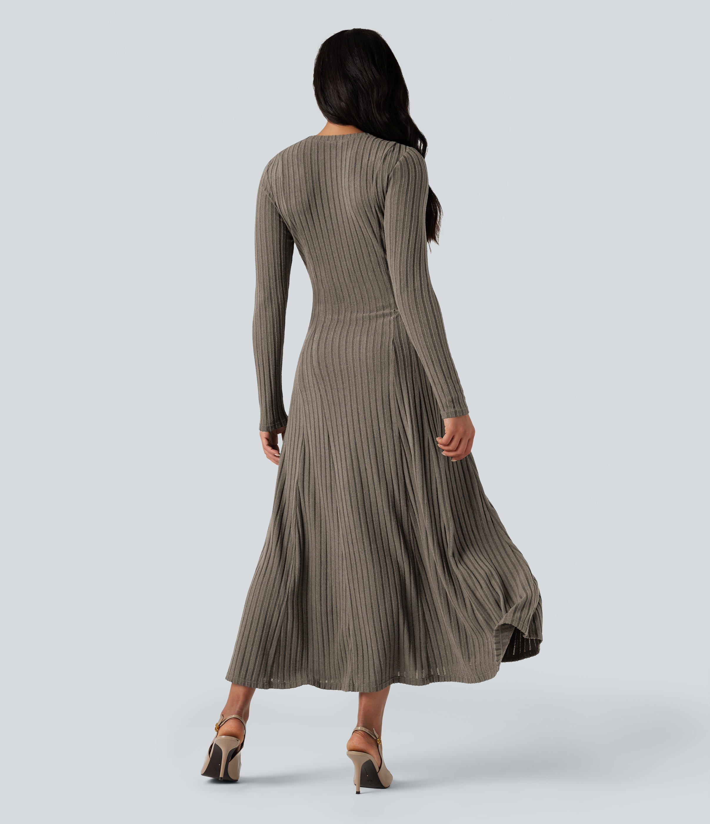 Women's Ribbed Knit Henley Neck Long Sleeve Flowy Maxi Casual Dress