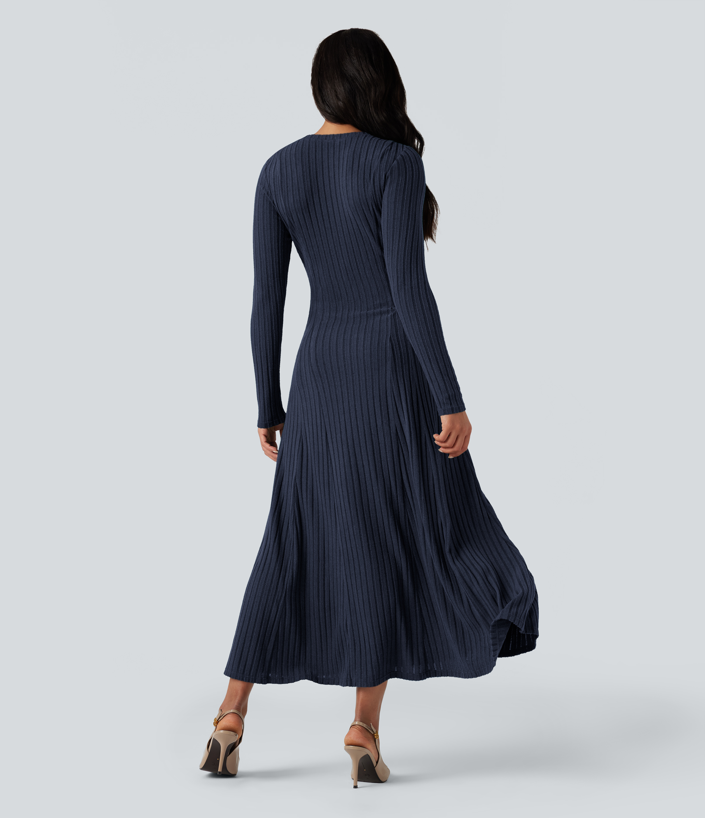 Cabbage Floral Yarn Ribbed Knit Henley Neck Long Sleeve Flowy Maxi Casual Dress / 2