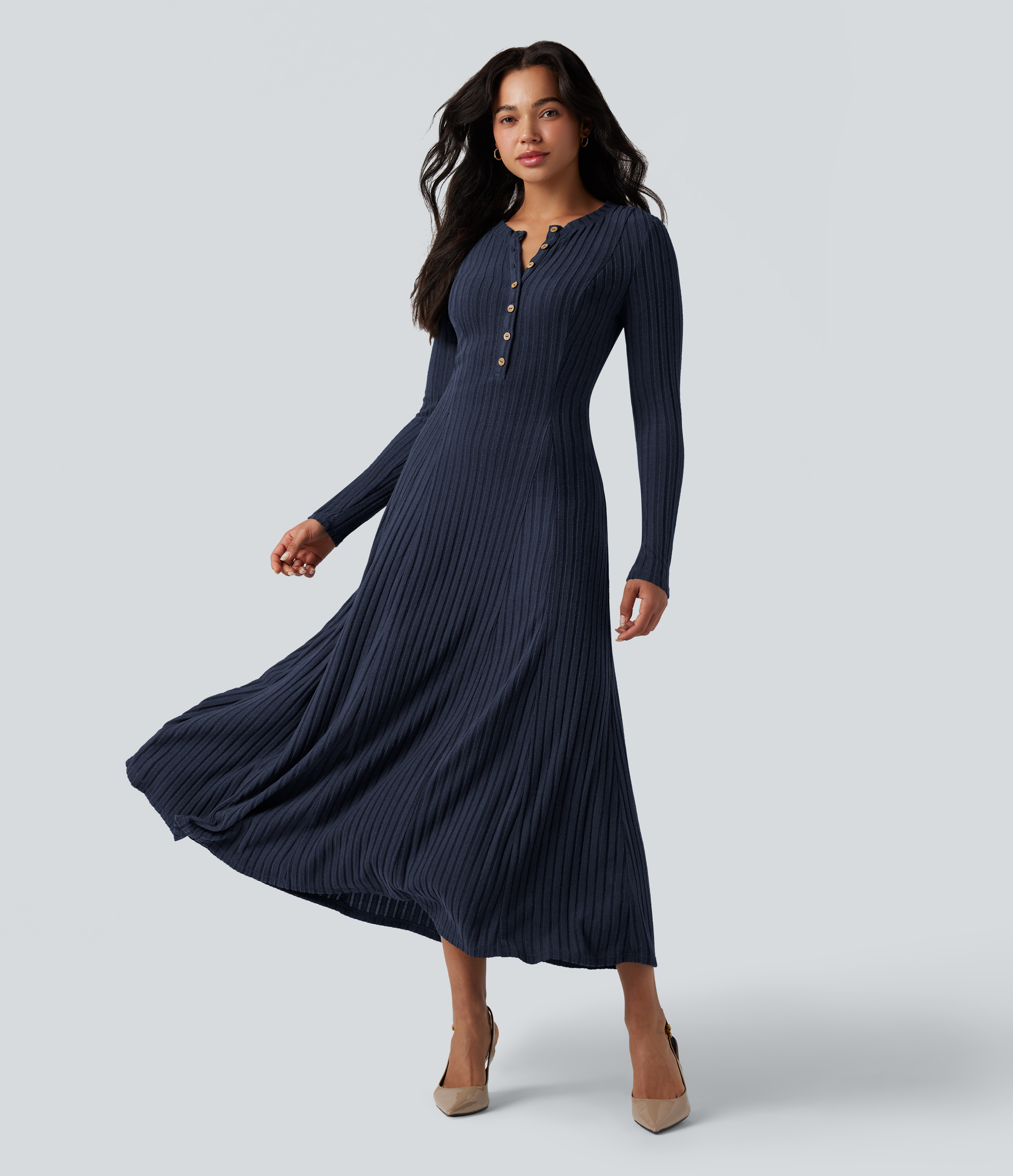 Ribbed Knit Henley Neck Long Sleeve Flowy Maxi Casual Dress