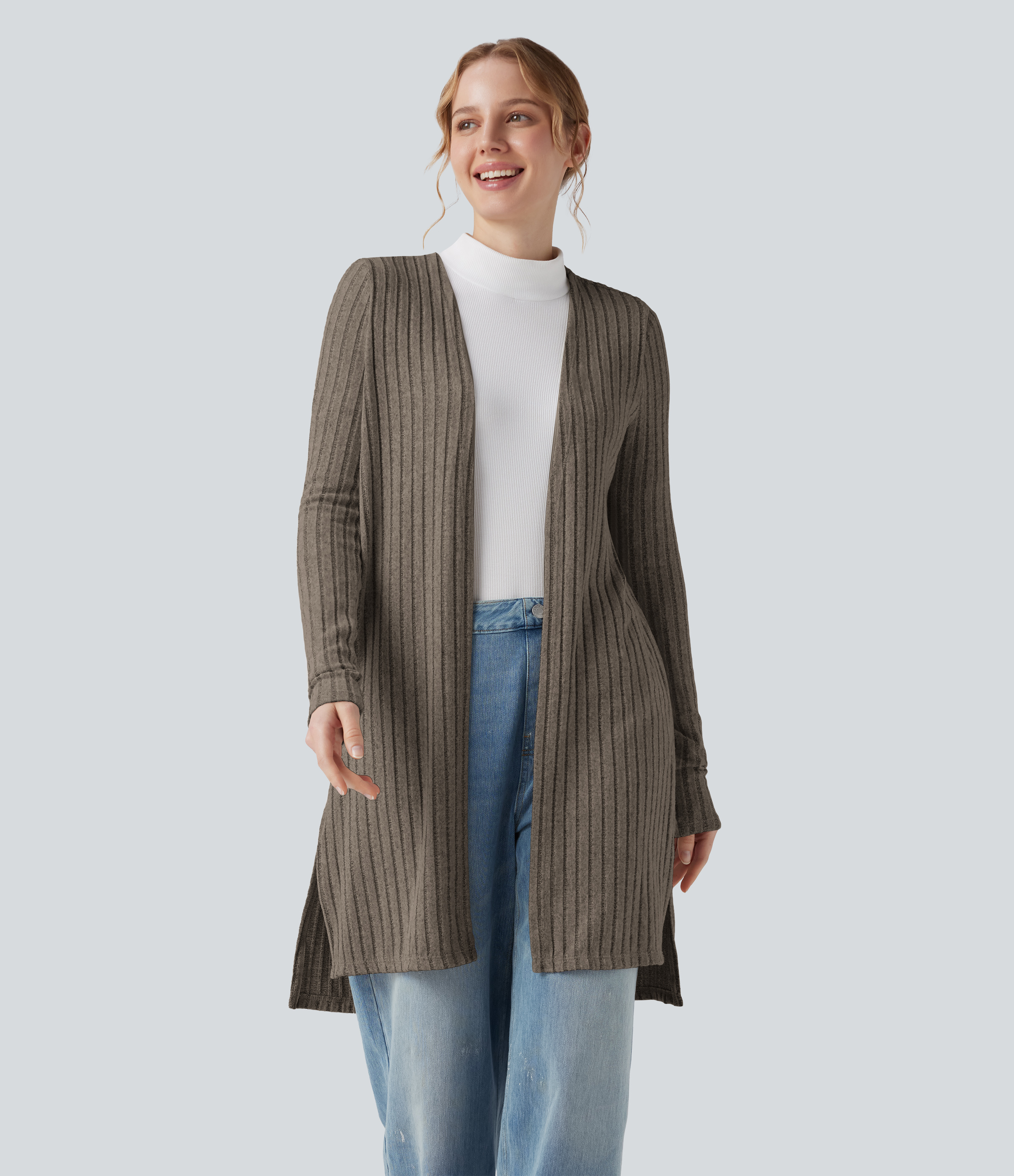Ribbed Knit Long Sleeve Split Casual Coat
