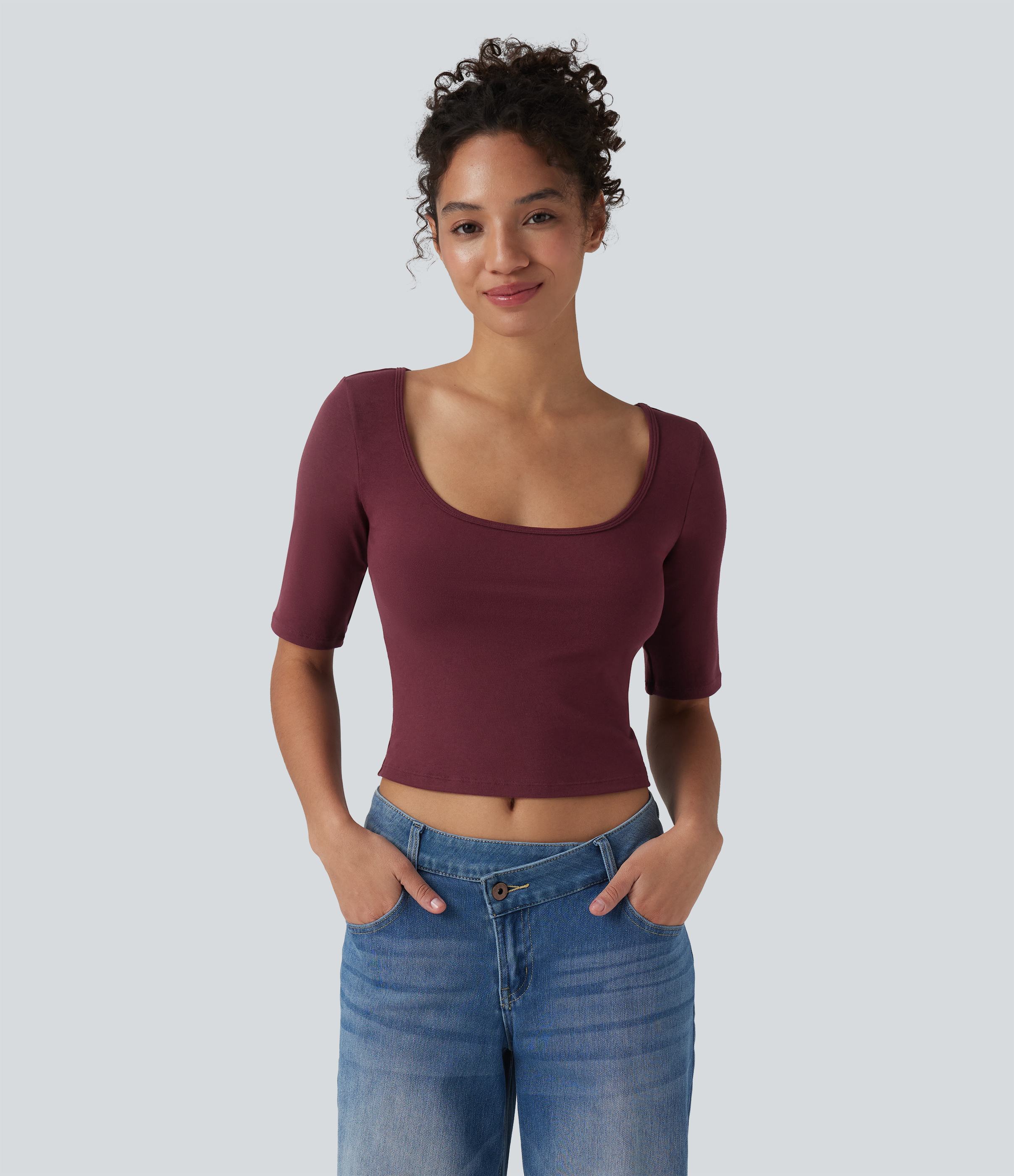 T-shirt décontracté côtelé col rond échancré manches courtes