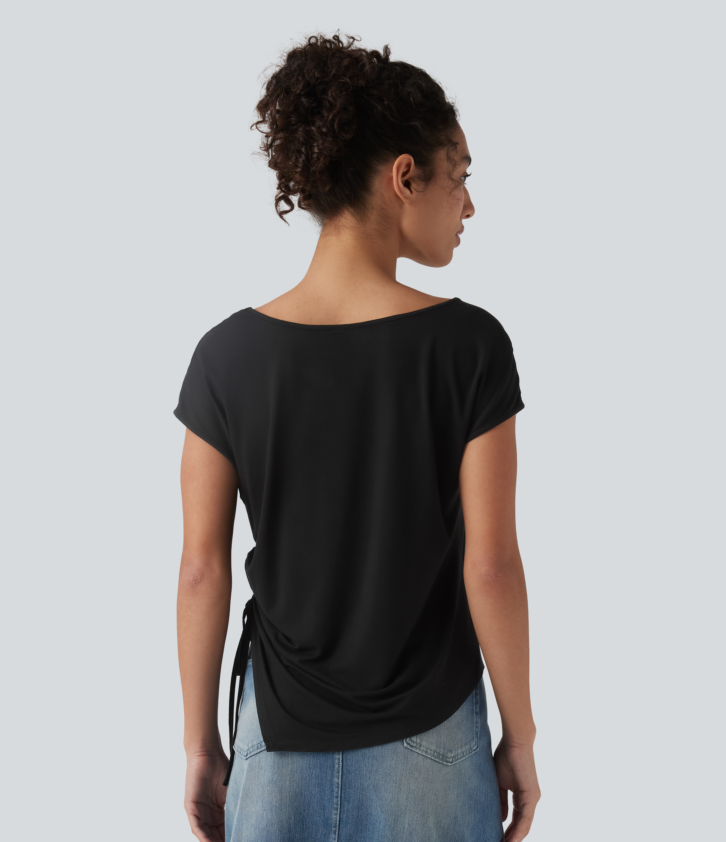 Black V-neck Batwing Sleeve Drawstring Asymmetrical Hem Casual Blouse / 1