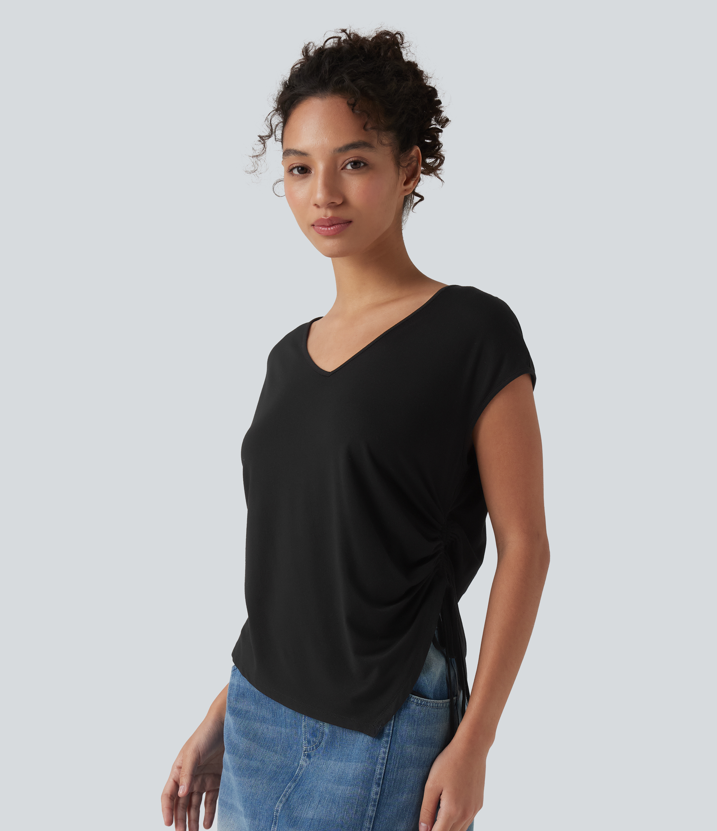 Black V-neck Batwing Sleeve Drawstring Asymmetrical Hem Casual Blouse / 2