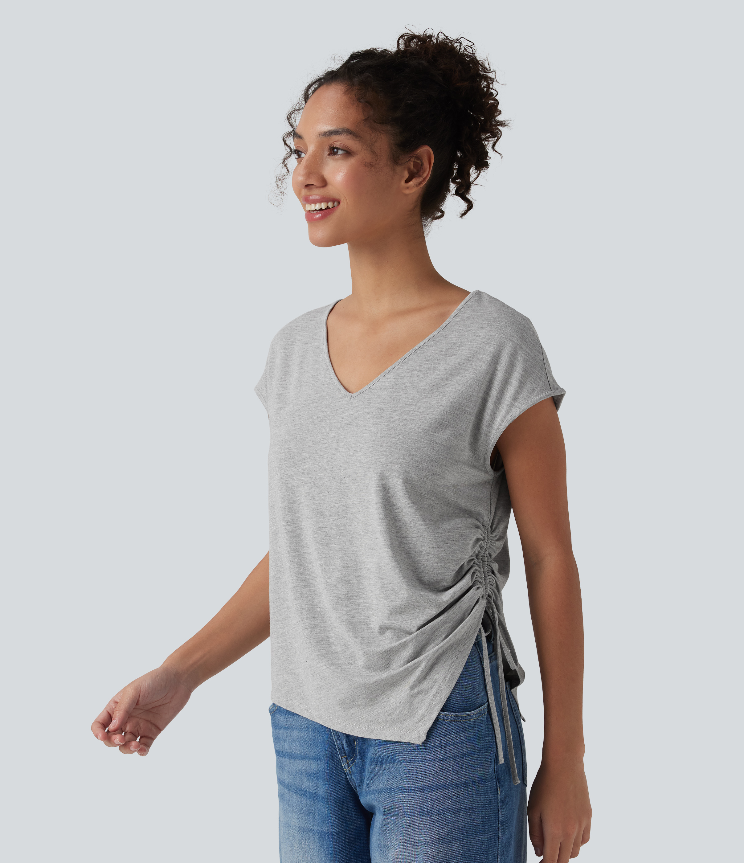 Fog Gray Blouse décontractée col V à manches chauve-souris, cordon de serrage et ourlet asymétrique / 2