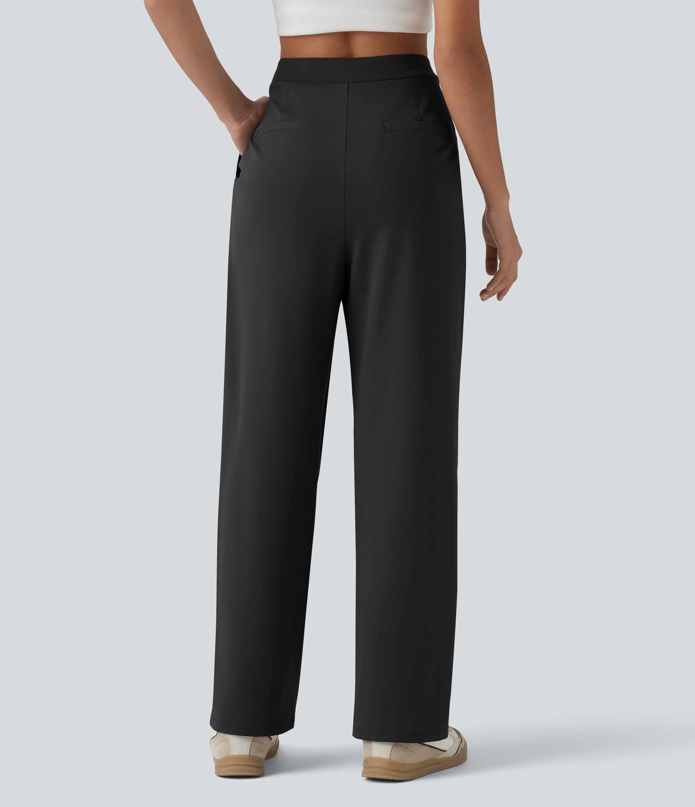 Noir Pantalon tailleur jambes droites asymétrique taille haute Halara Flex™ DayStretch avec poches / 2