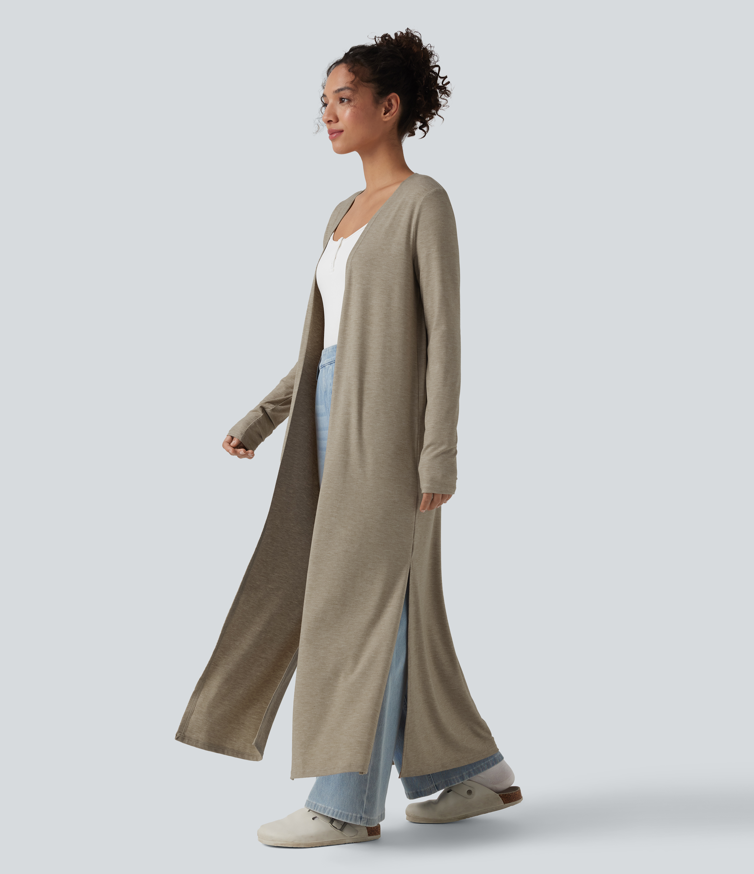 Manteau long décontracté à manches longues chiné avec fentes latérales