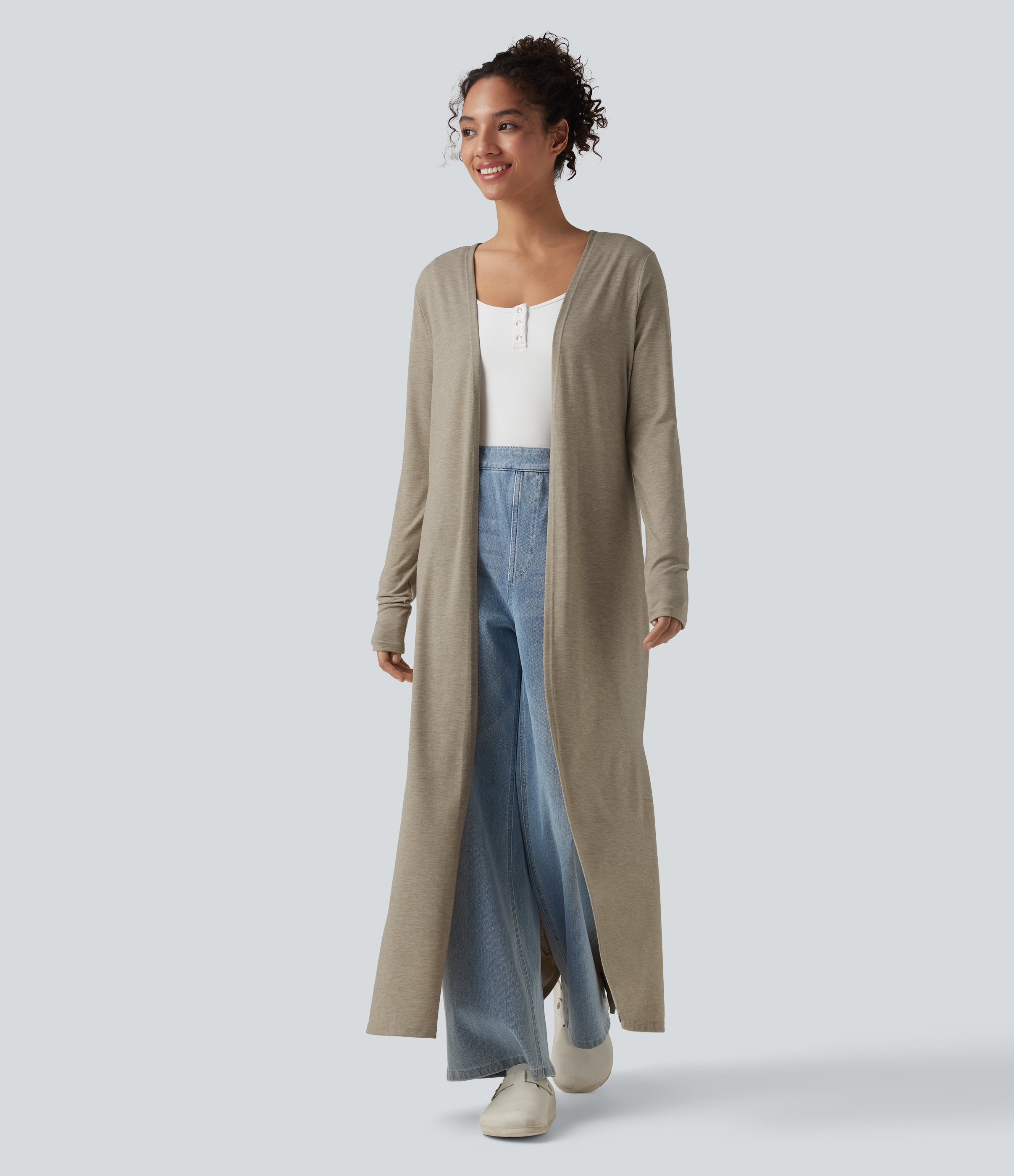 Lässiger, melierter Mantel mit langen Ärmeln und geschlitztem Saum - extralang