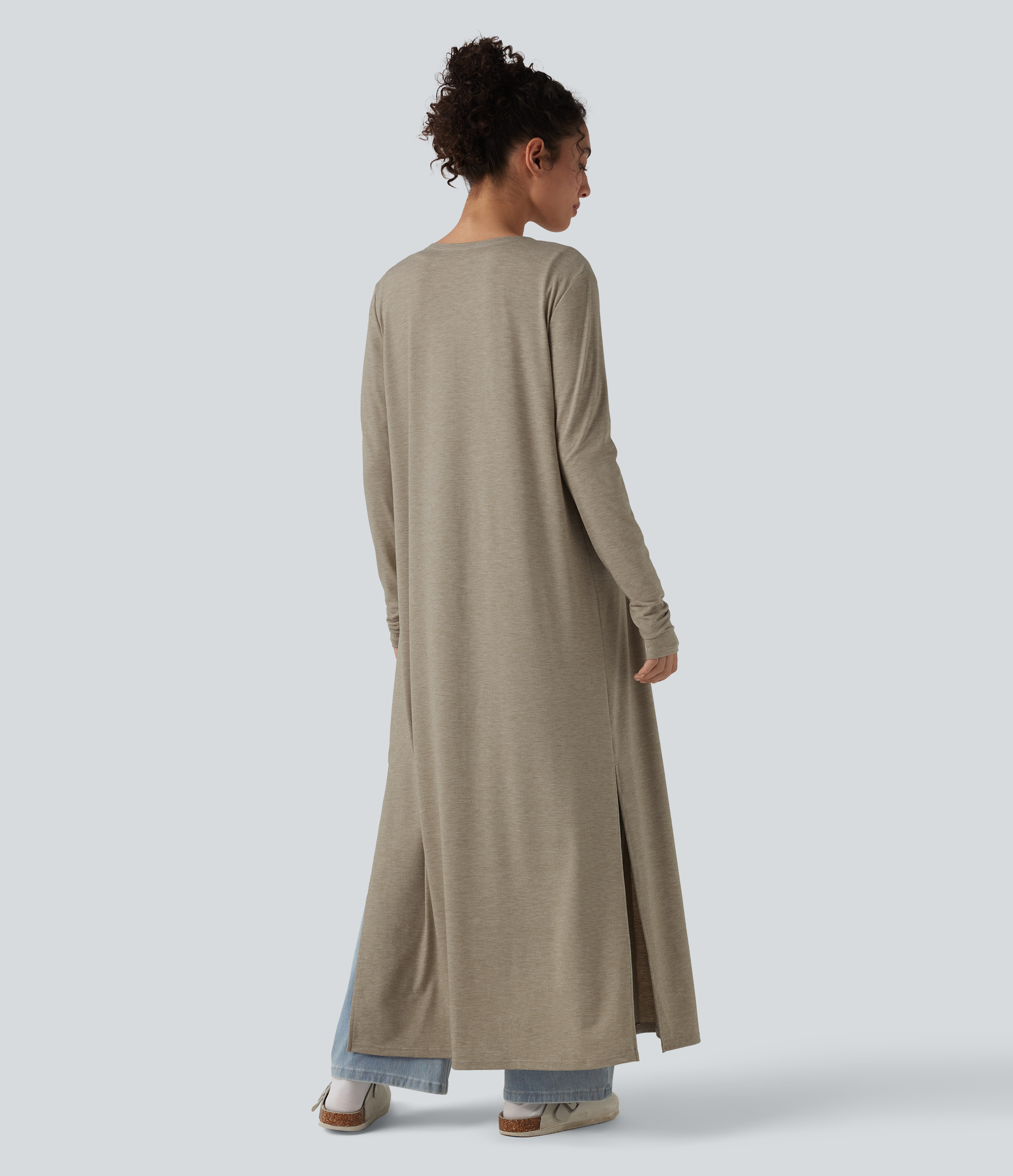 Khaki Floral Yarn Long Sleeve Split Hem Heathered Casual Longline Coat / 2