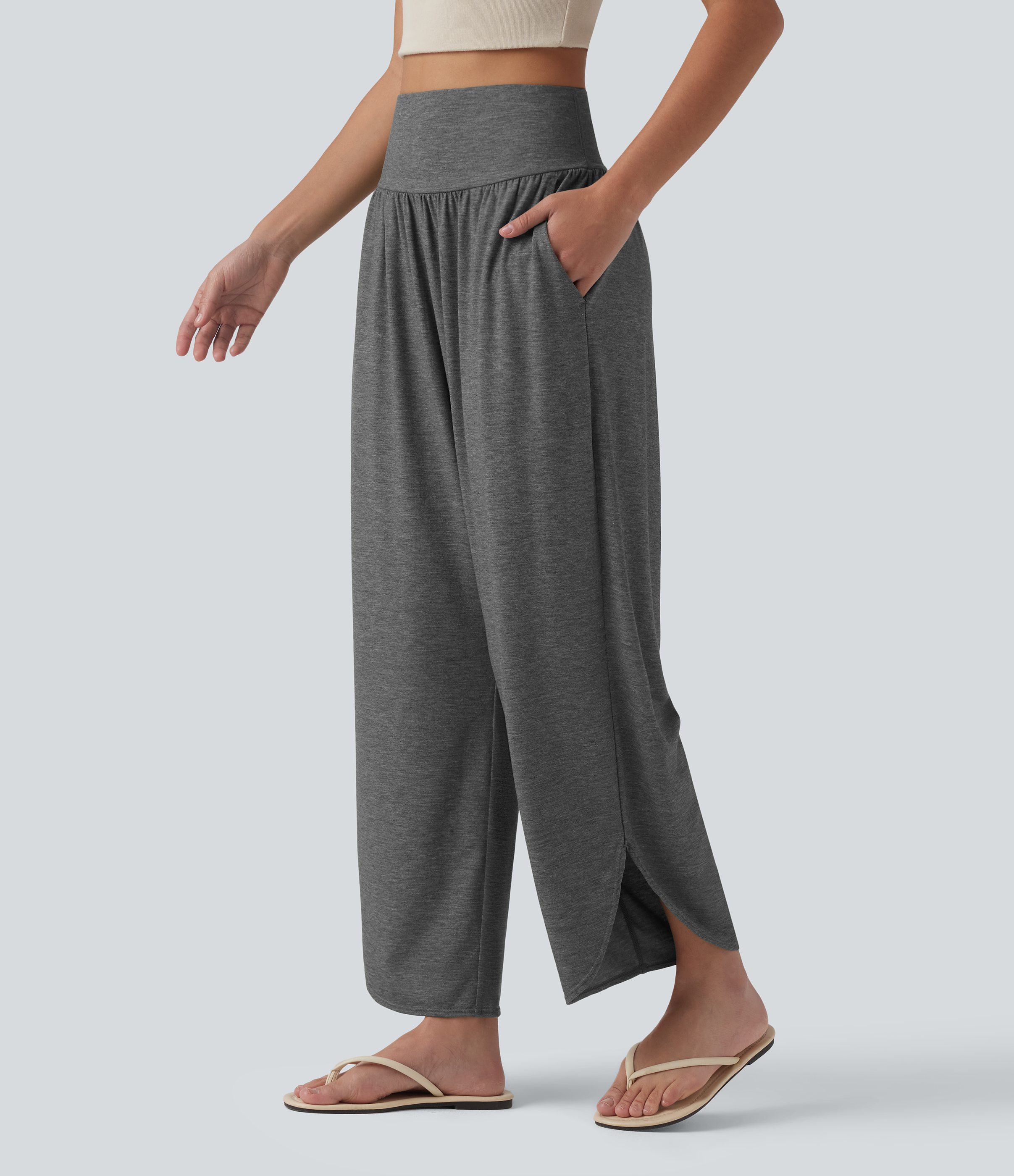 High Waisted Tummy Control Curved Hem Casual Pants with Pockets