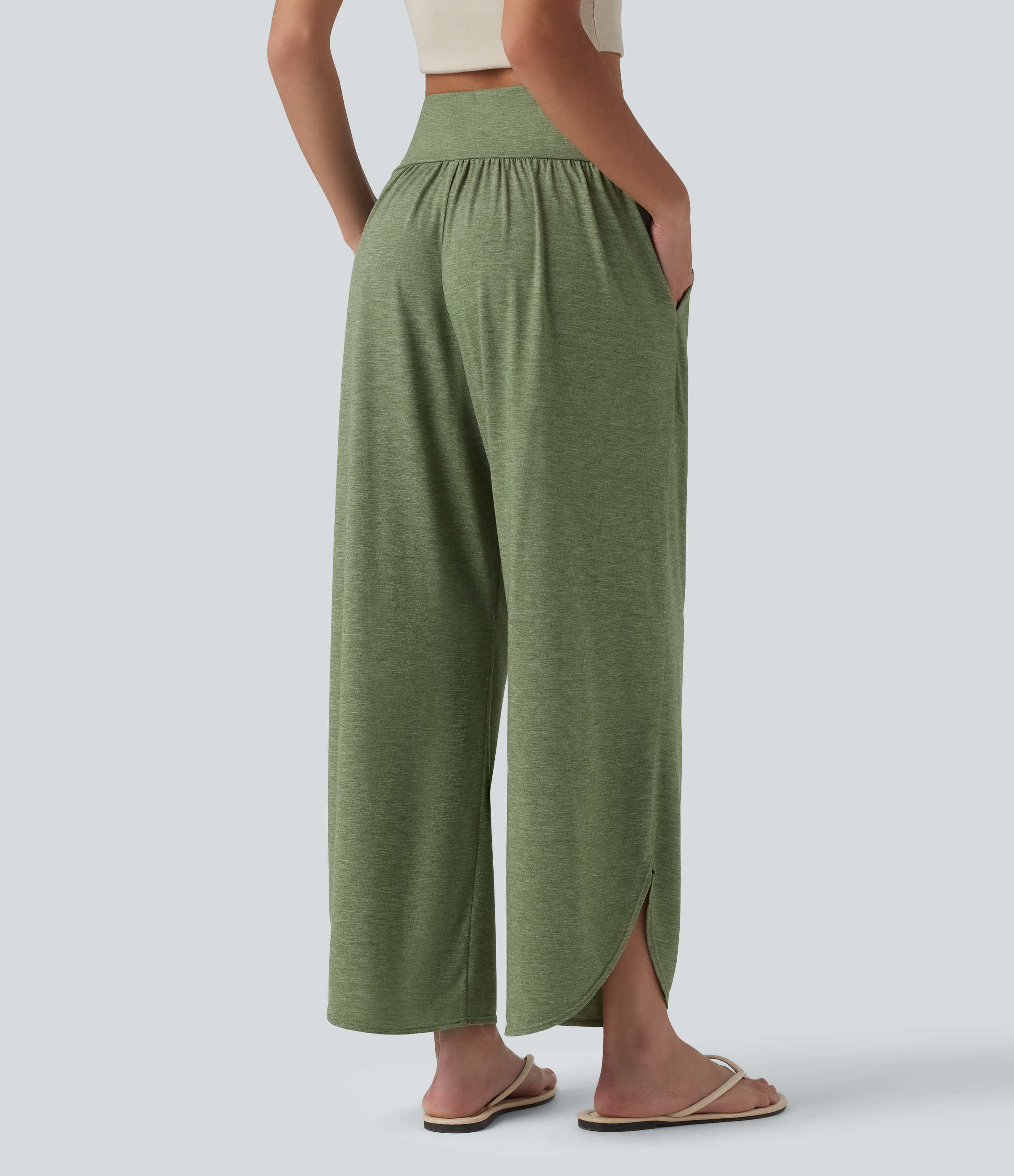 Light Green Floral Yarn High Waisted Tummy Control Curved Hem Casual Trousers with Pockets / 2