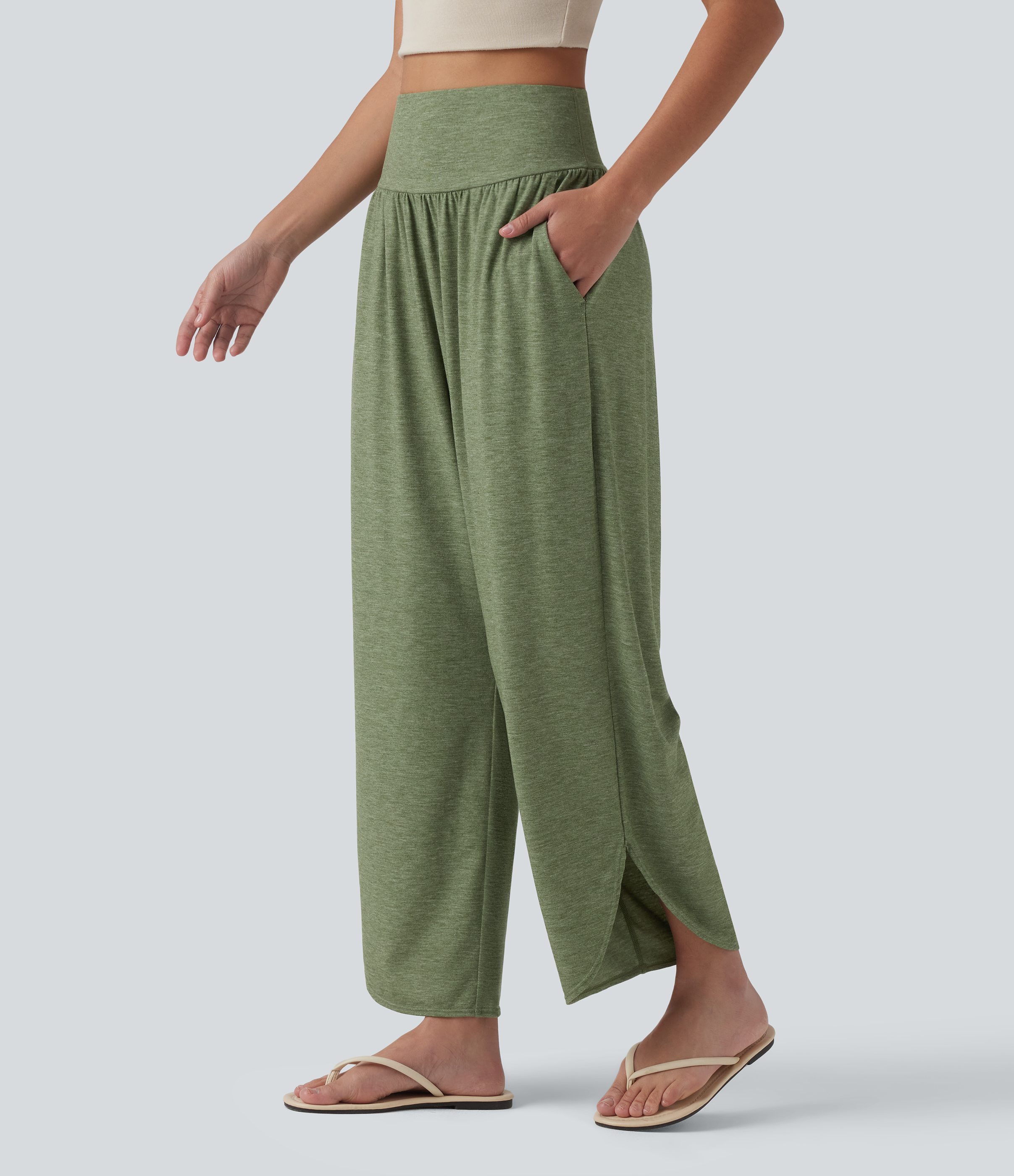 High Waisted Tummy Control Curved Hem Casual Pants with Pockets