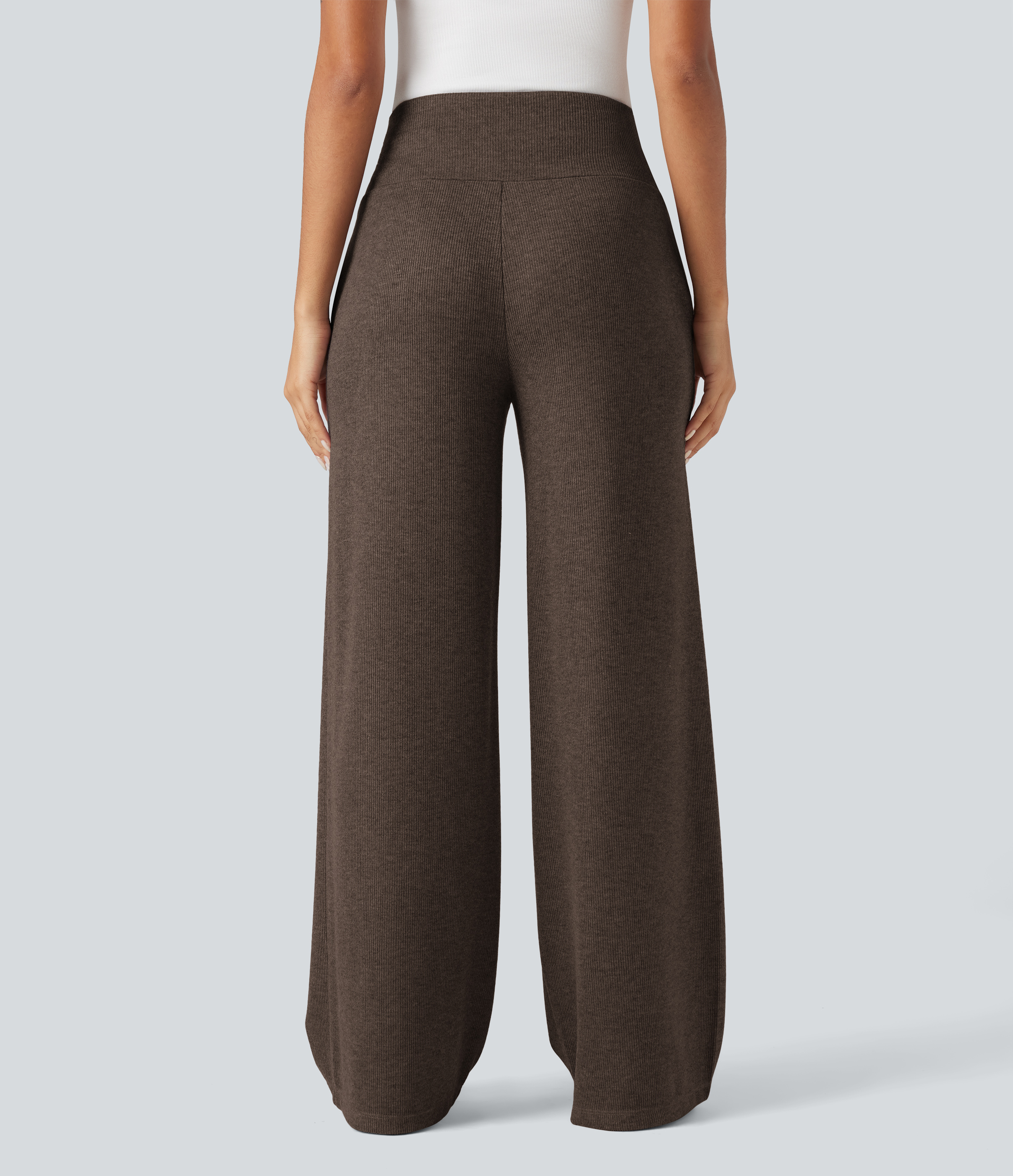 Chestnut Pantalon jogging large décontracté côtelé gainant taille haute avec cordon de serrage et poches / 2