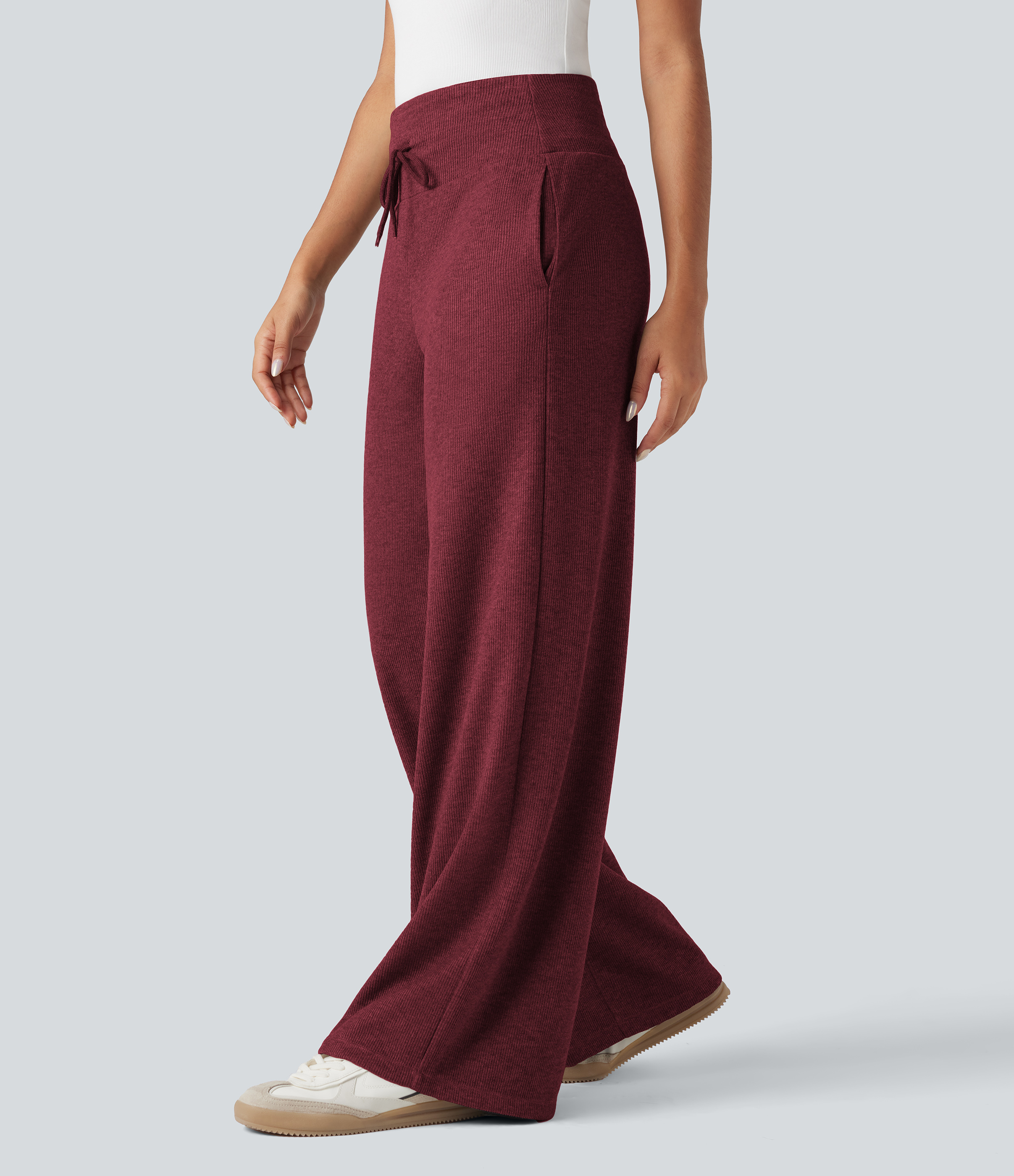 Ribbed Knit High Waisted Tummy Control Drawstring Casual Wide Leg Baggy Pants with Pockets