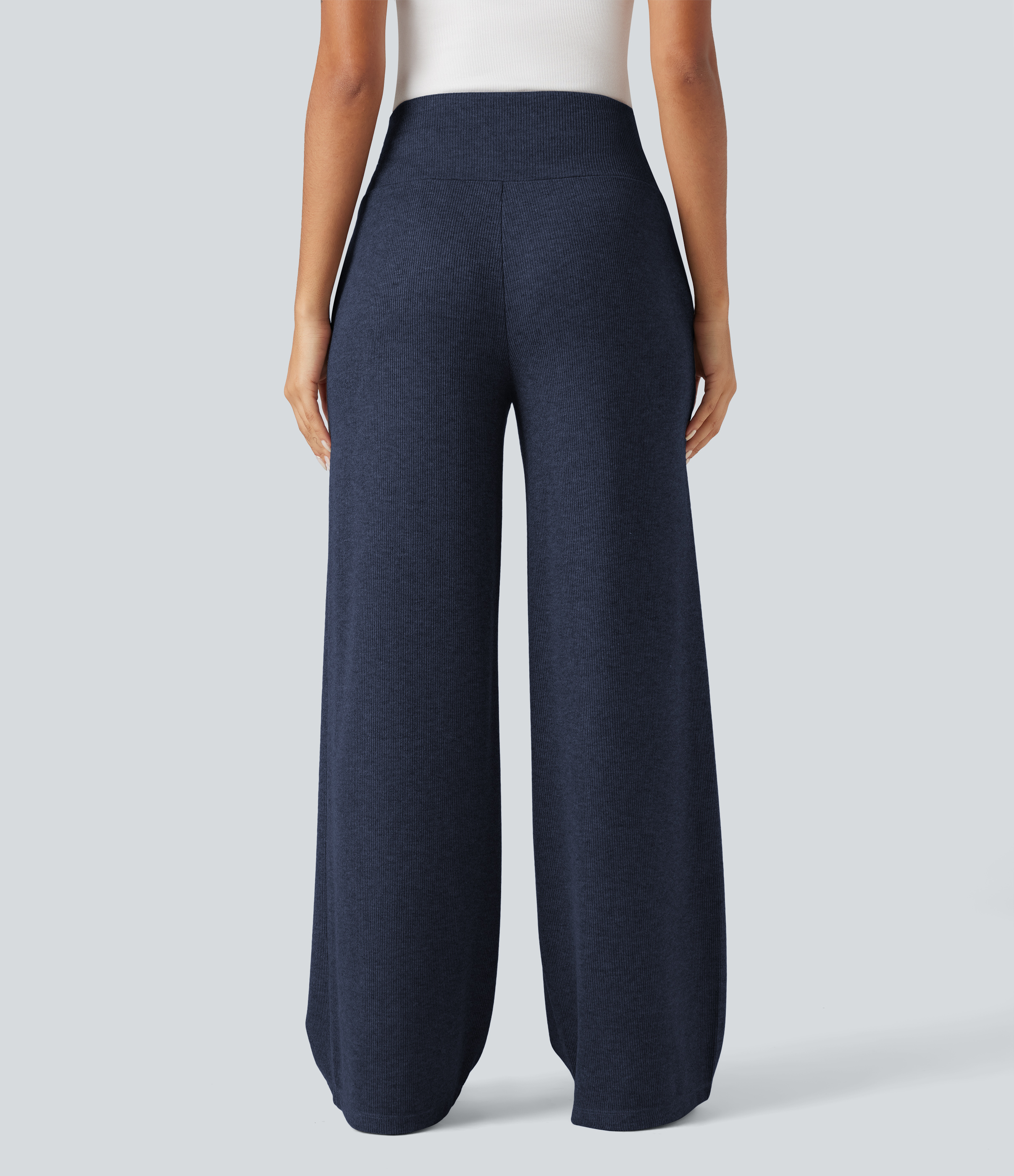 Mood Indigo Ribbed Knit High Waisted Tummy Control Drawstring Casual Wide Leg Pants with Pockets / 2