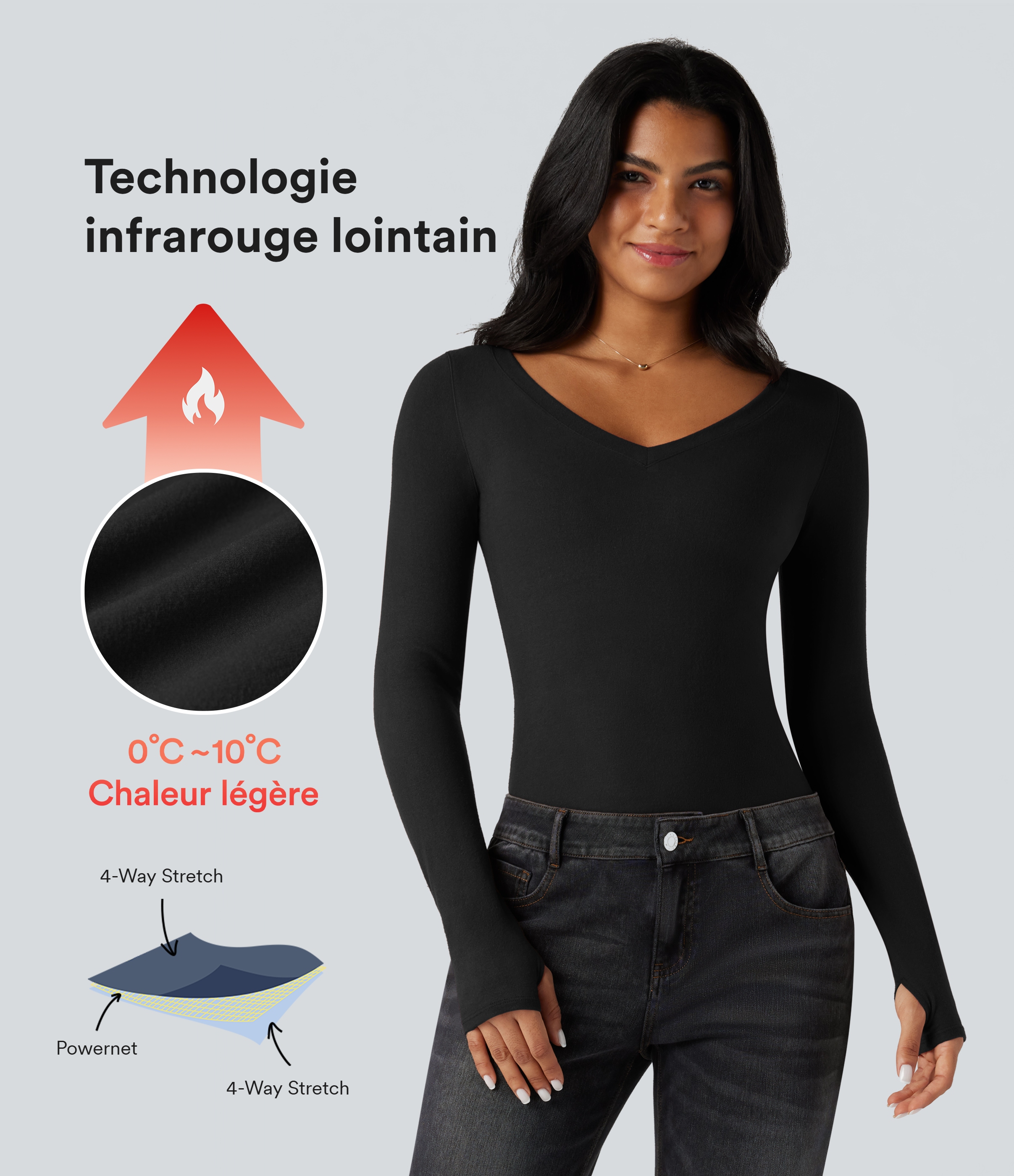 Top réchauffant col V manches longues avec trous pouces