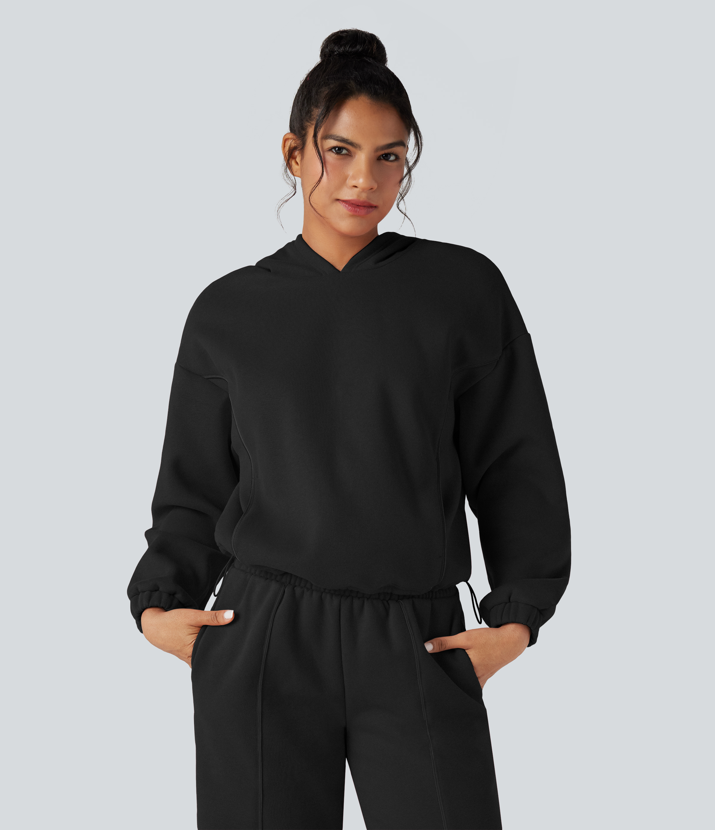 Sweat-shirt décontracté à capuche en polaire bicolore avec poches