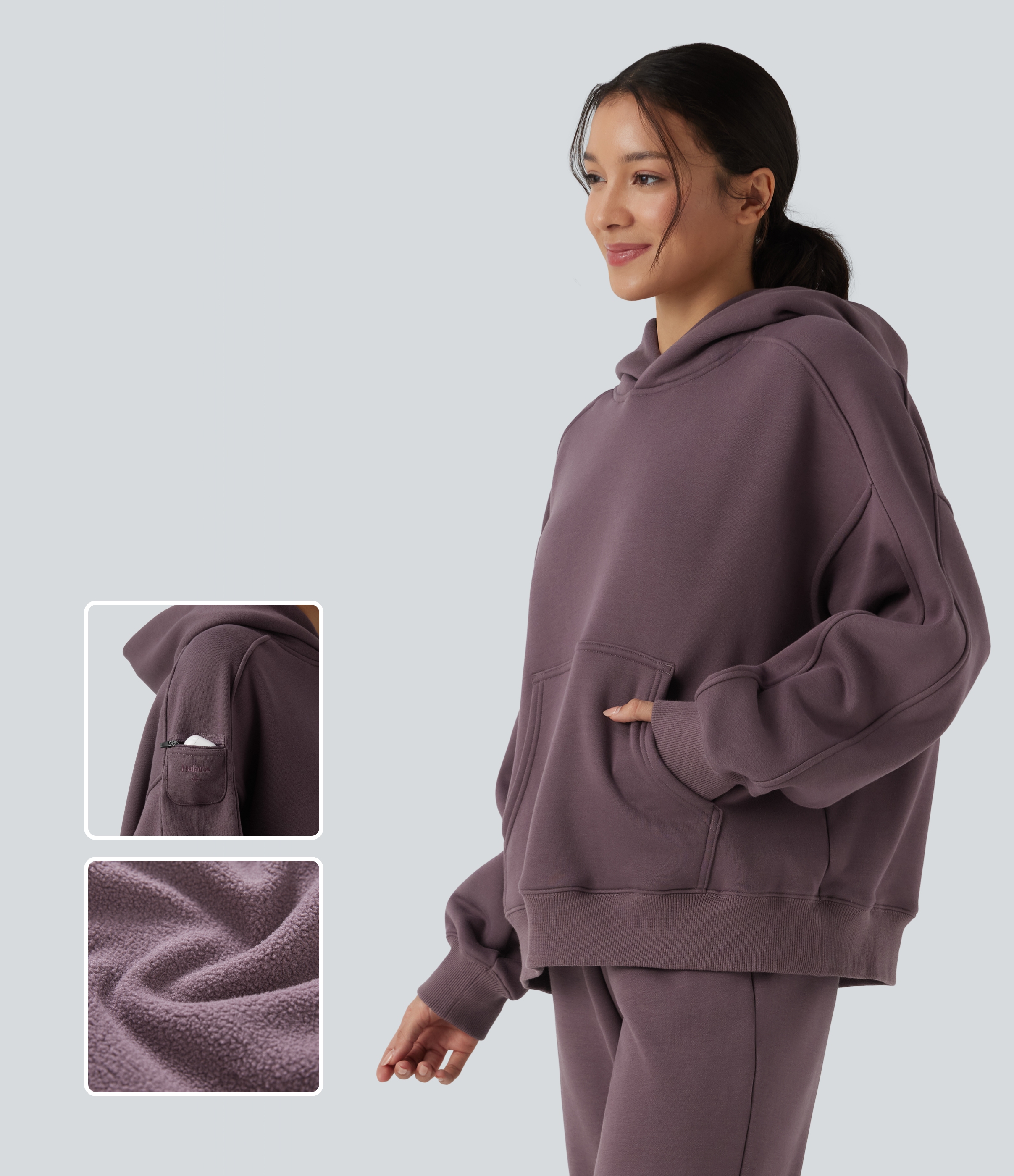 Lässiges, oversized Fleece-Sport-Sweatshirt mit Kapuze, Seitentaschen und langen Ärmeln