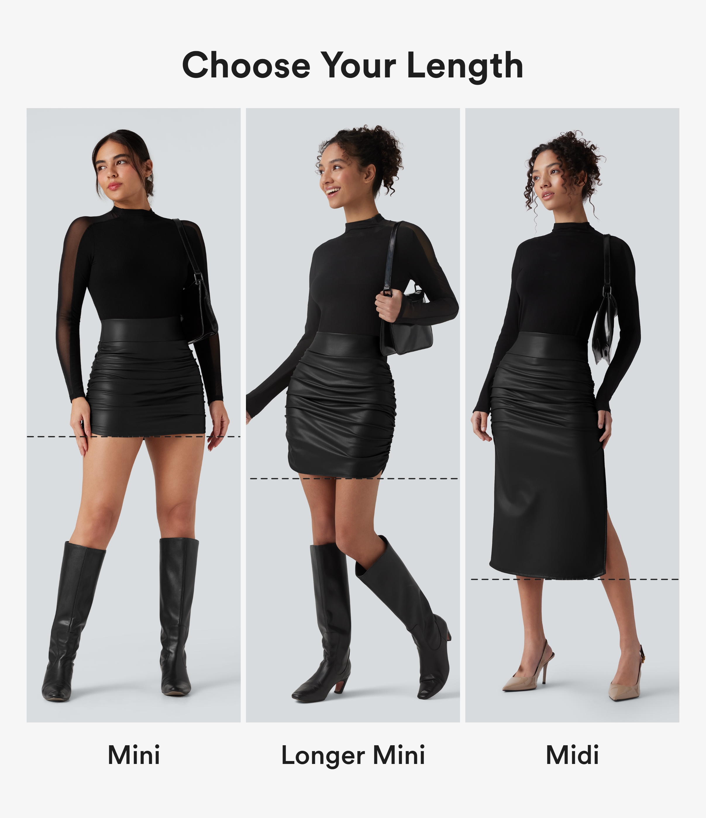 Black High Waisted Tummy Control Ruched Curved Hem 2-in-1 Fleece PU Mini Bodycon Party Skirt-Longer Length / 2