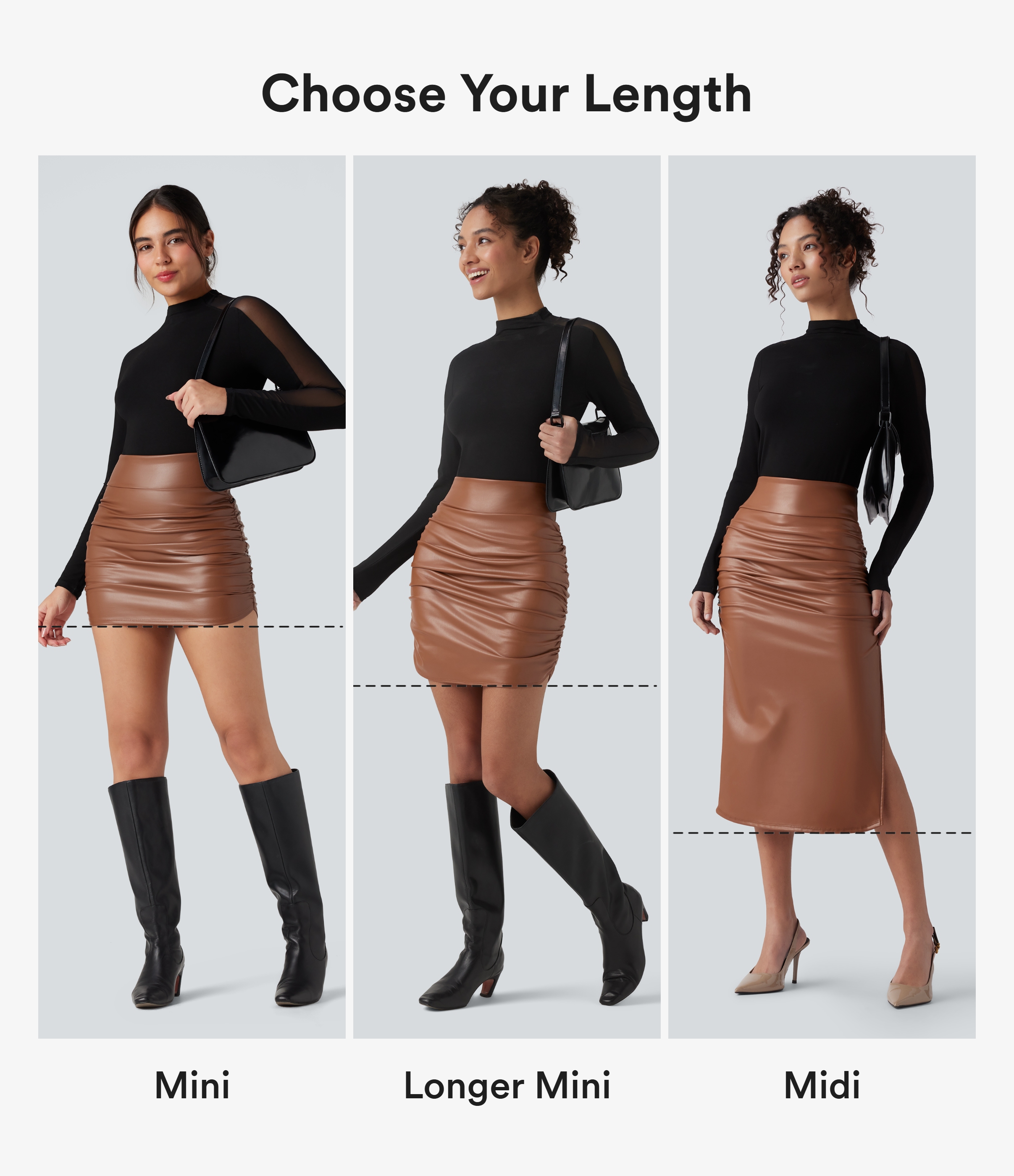 Rustic Brown High Waisted Tummy Control Ruched Curved Hem 2-in-1 Fleece PU Mini Bodycon Skirt / 2