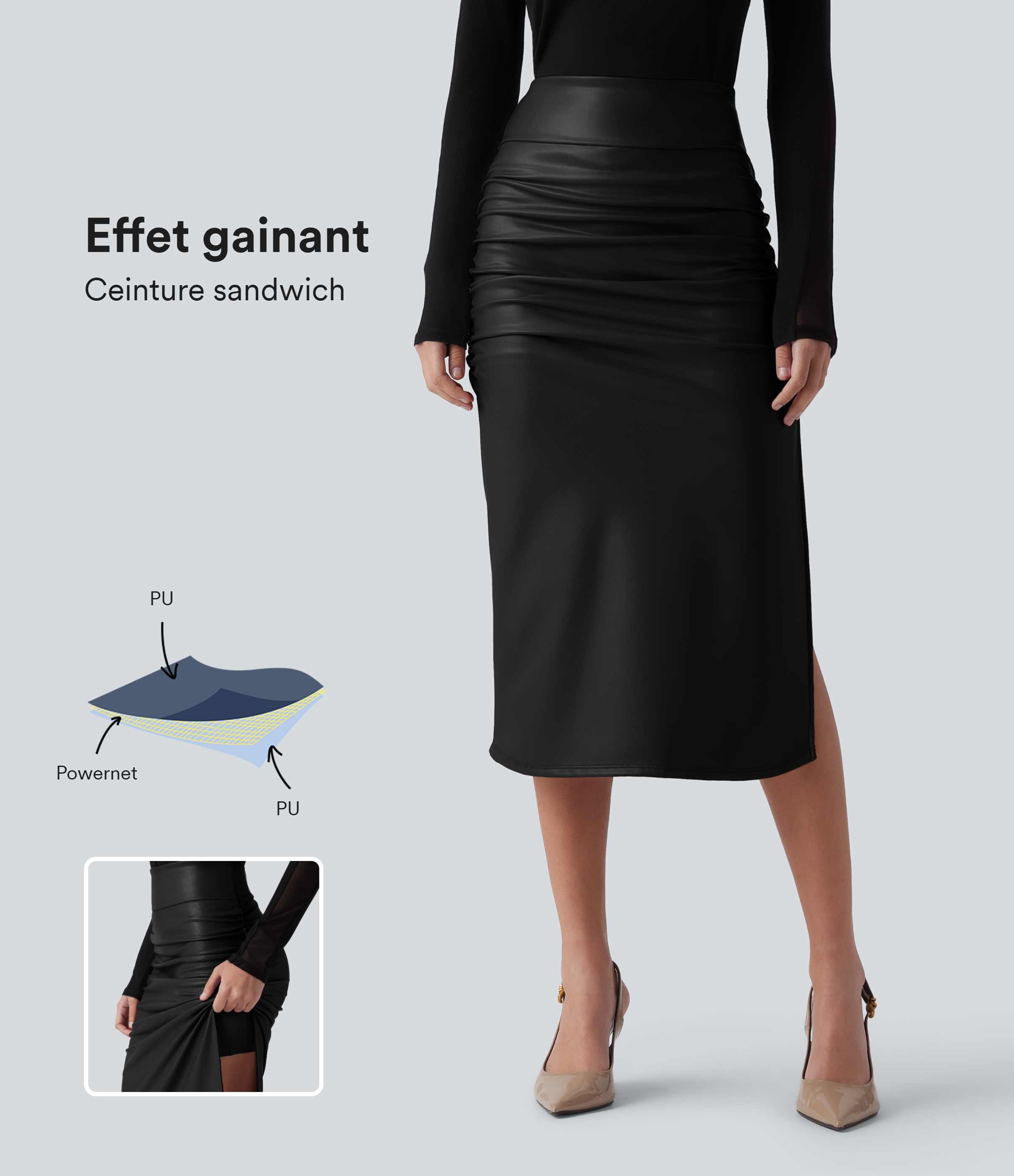 Falda casual 2 en 1 de largo medio en tejido polar revestido con cintura alta, detalles moldeadores, frunces y bajo redondeado.