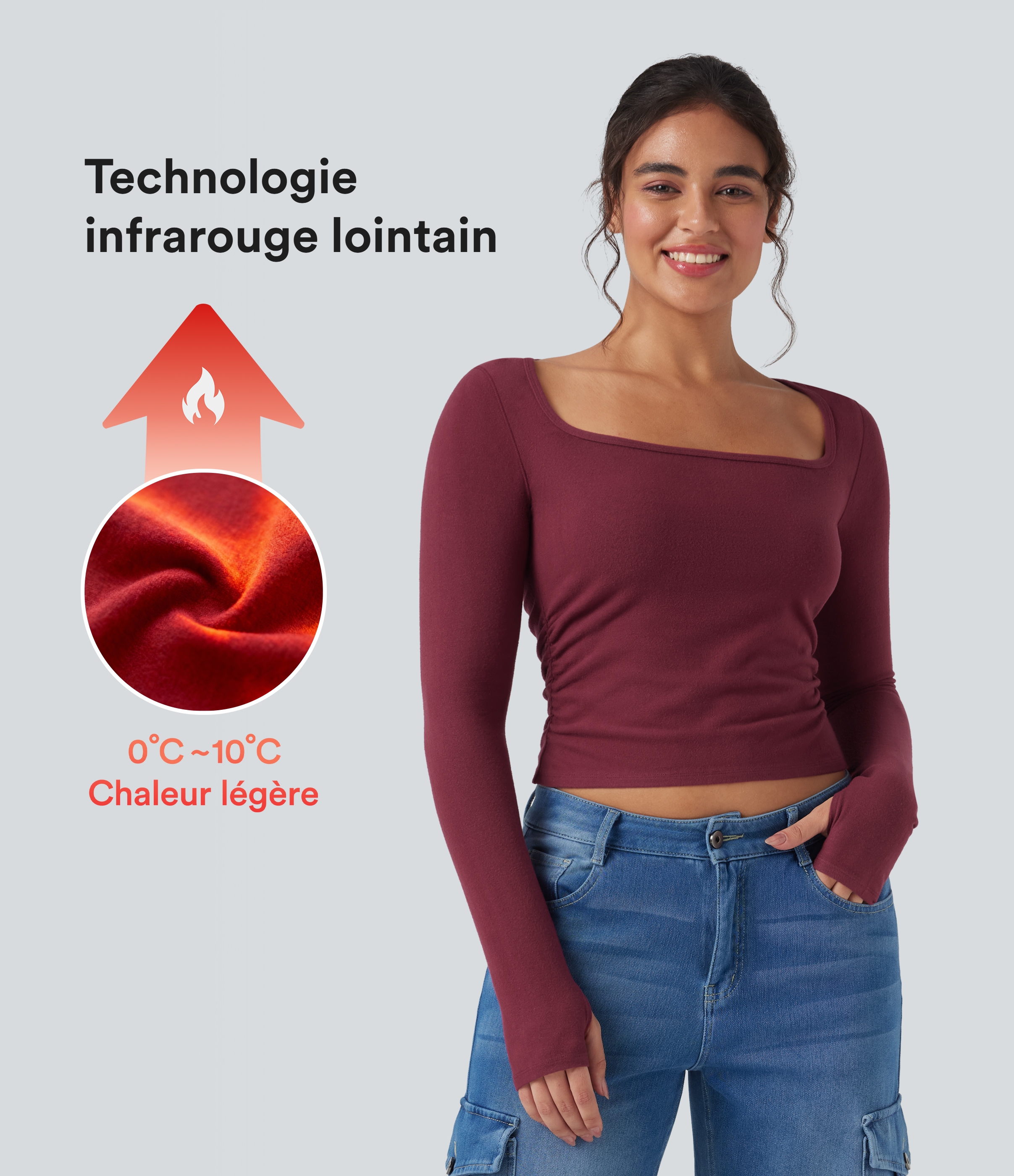 Top ajusté col U manches longues trous pouces froncé réchauffant