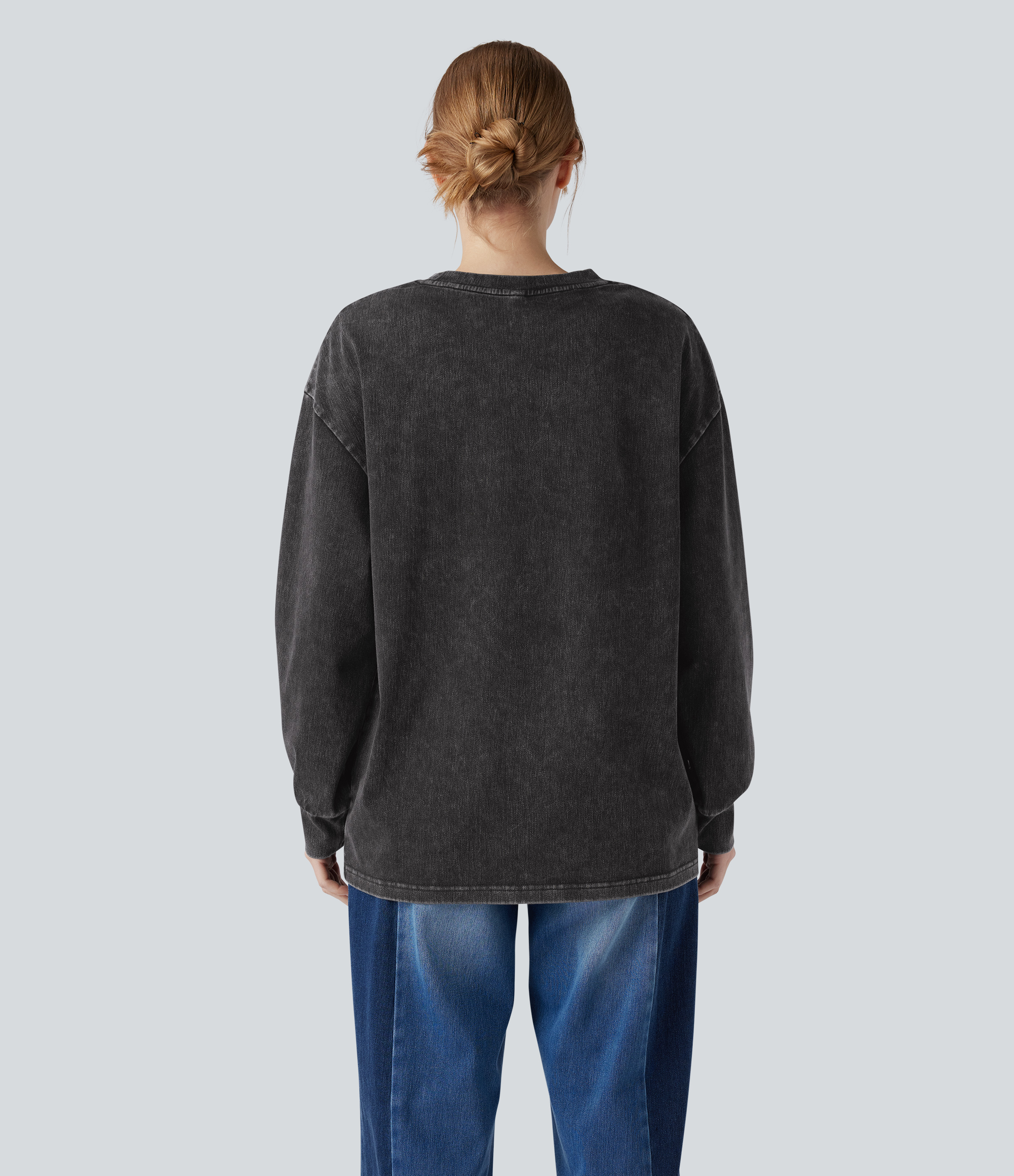 Hemp Rope Black Denim Halara Flex™ Denim Round Neck Long Sleeve Washed Casual T-Shirt / 2