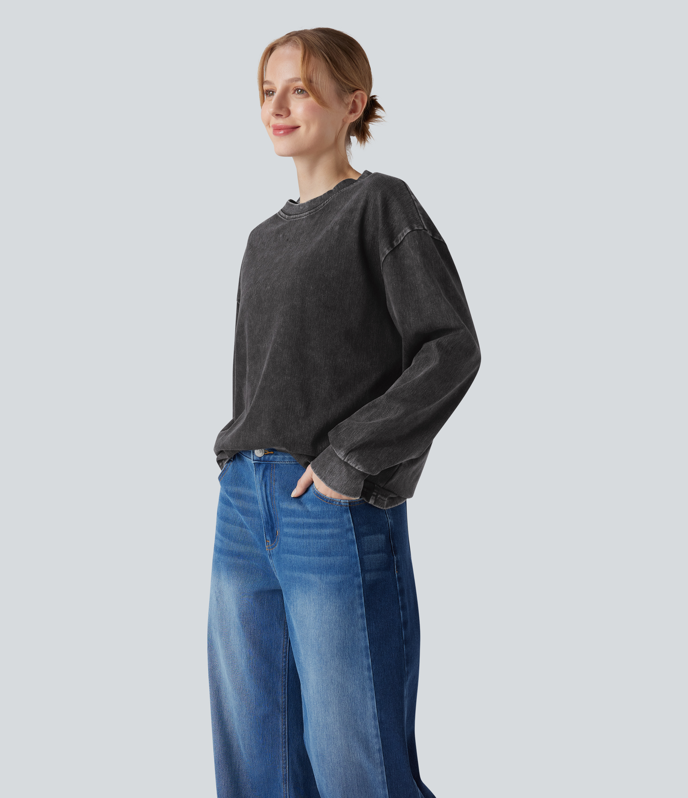 Halara Flex™ Denim Round Neck Long Sleeve Washed Casual T-Shirt