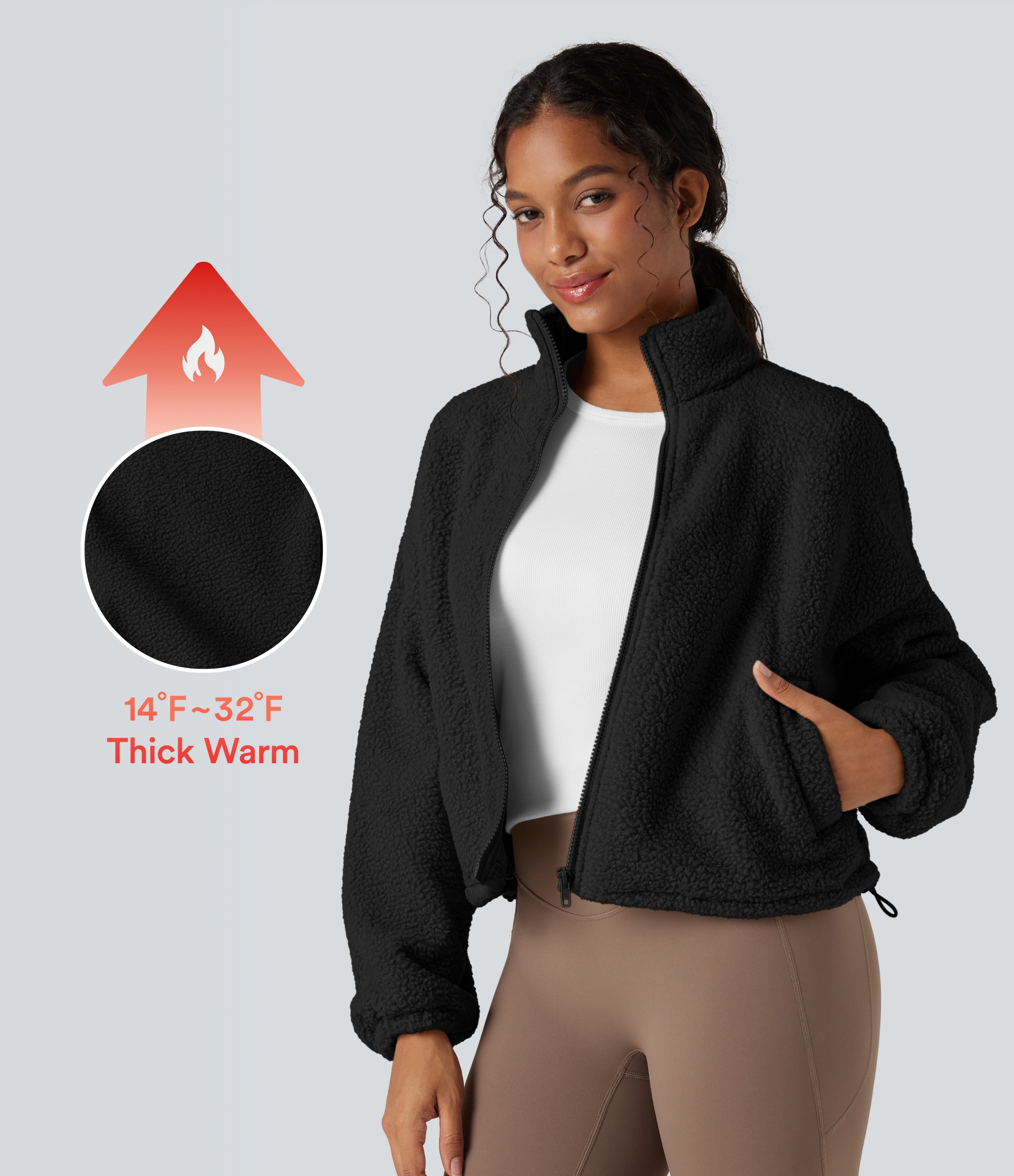 High Neck Long Sleeve Zipper Fleece Workout Jacket with Pockets