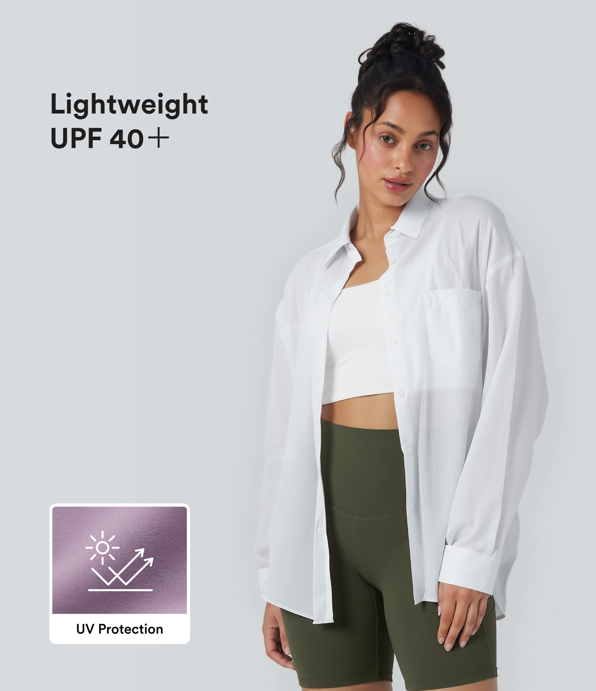 White UV Protection Lightweight Breathable Long Sleeve Curved Hem outdoor Shirt with Pocket-UPF40+ / 1