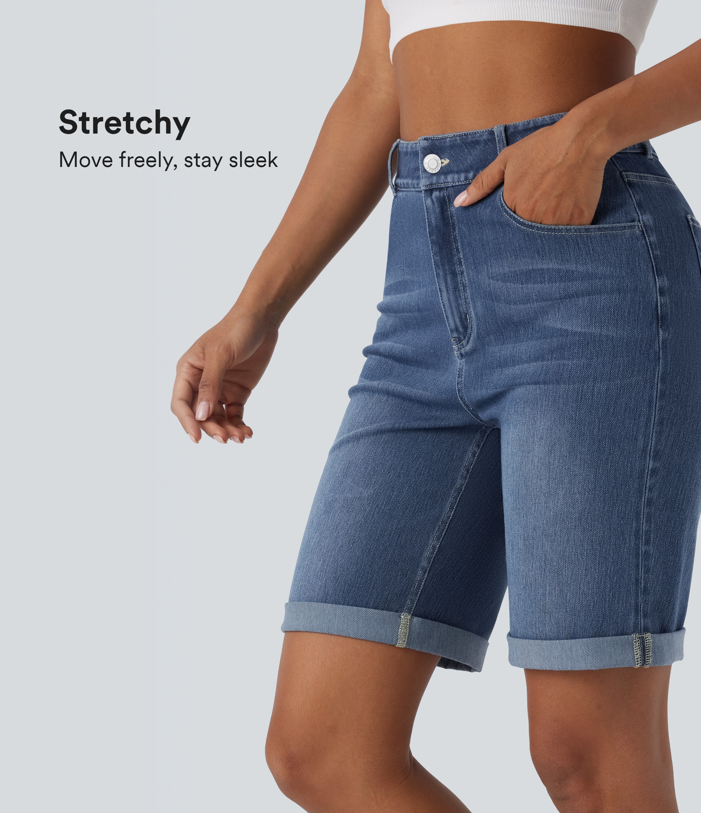 Bermudas Halara Flex™ Denim mezclilla elástico lavado dobladillo enrollado múltiple bolsillo tiro alto