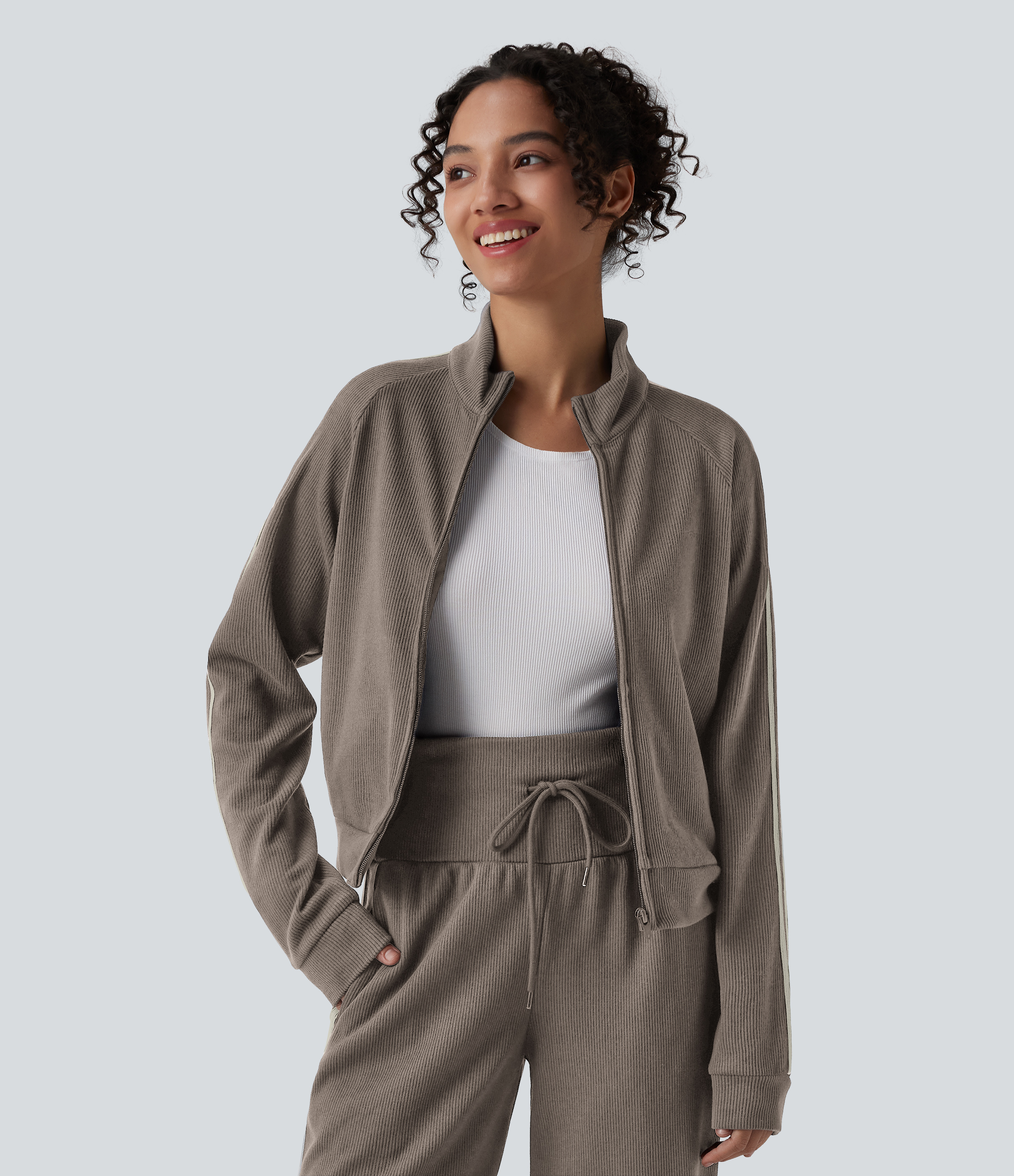 Ribbed Stand Collar Long Sleeve Zipper Color Block Casual Jacket with Pockets