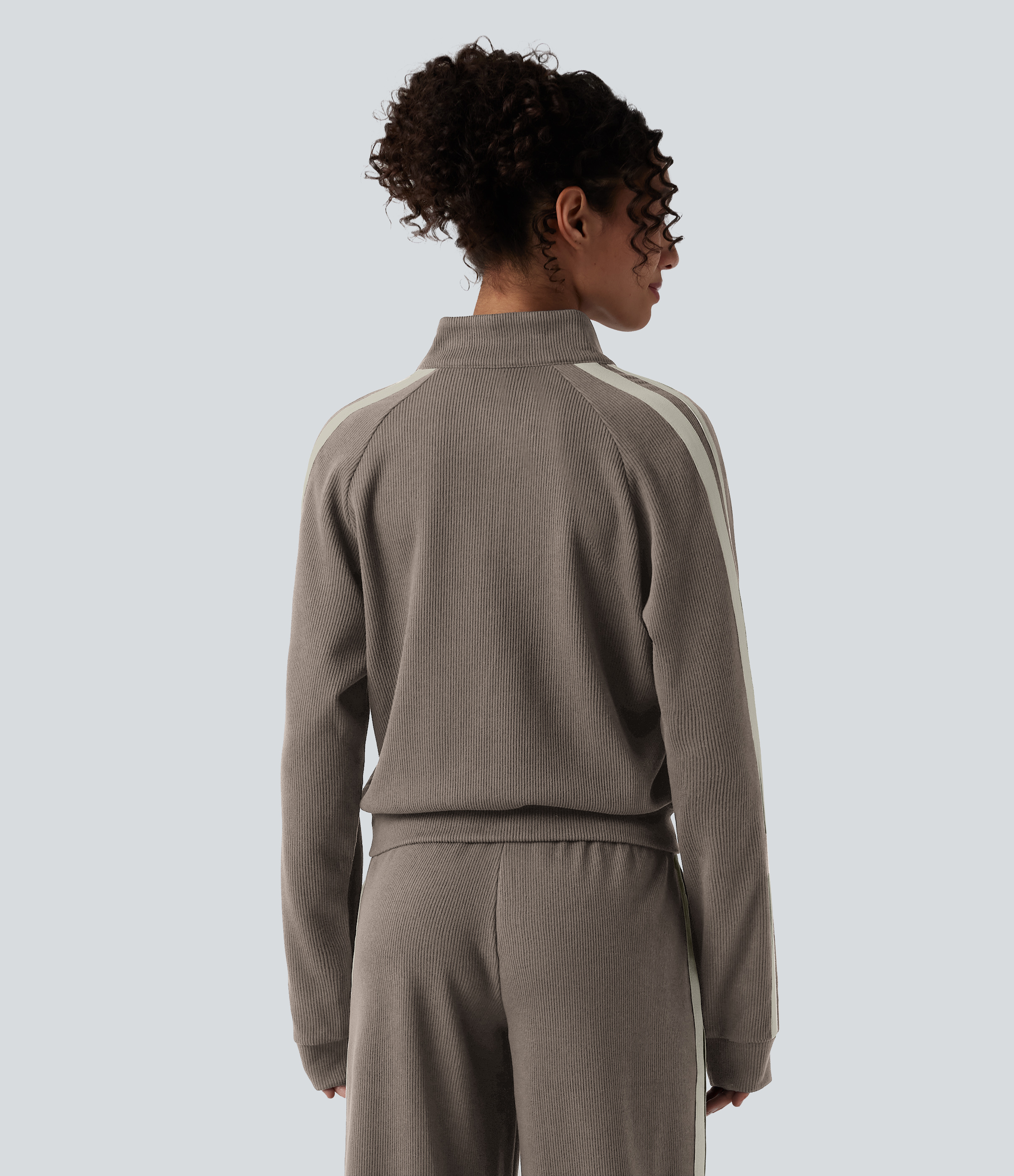  Taupe Stripe Ribbed Stand Collar Long Sleeve Zipper Color Block Casual Jacket with Pockets / 2
